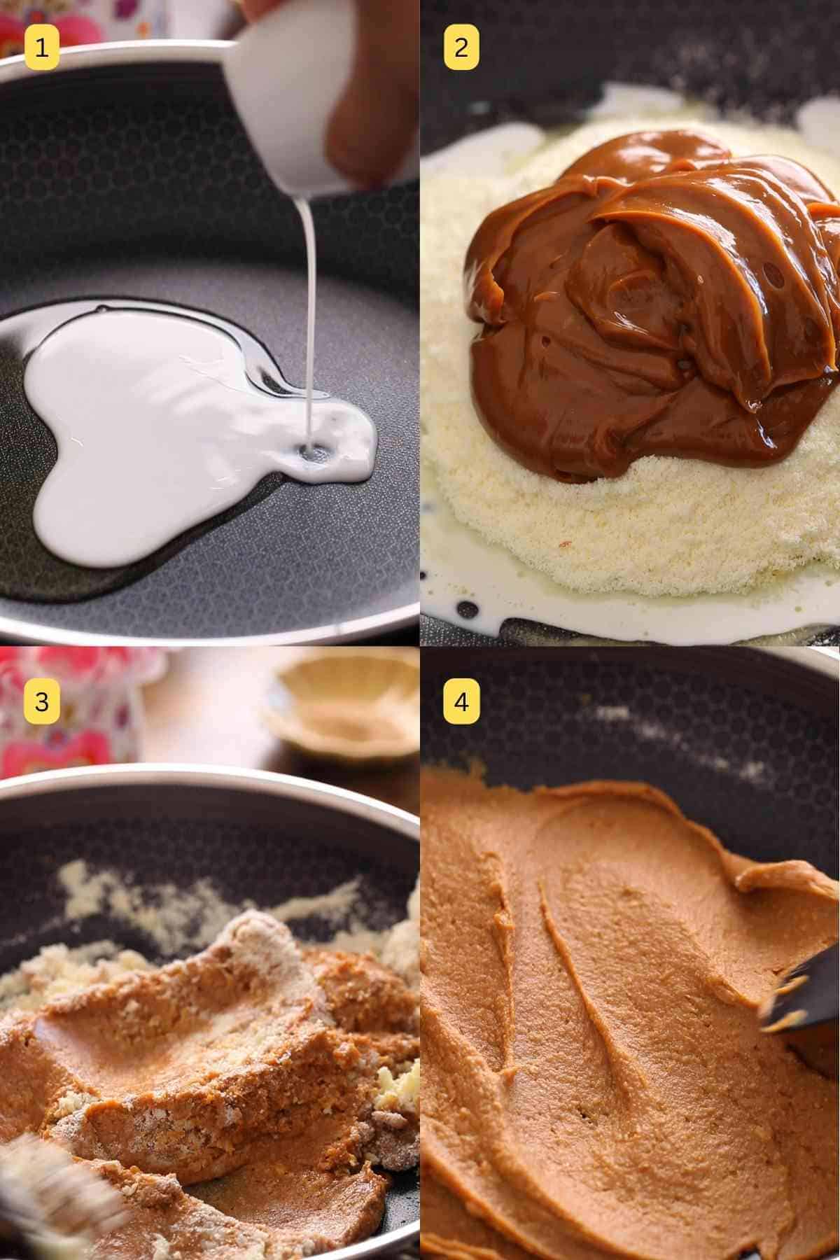 Mixing ghee, milk, milk powder and dulche de leche in a pan.