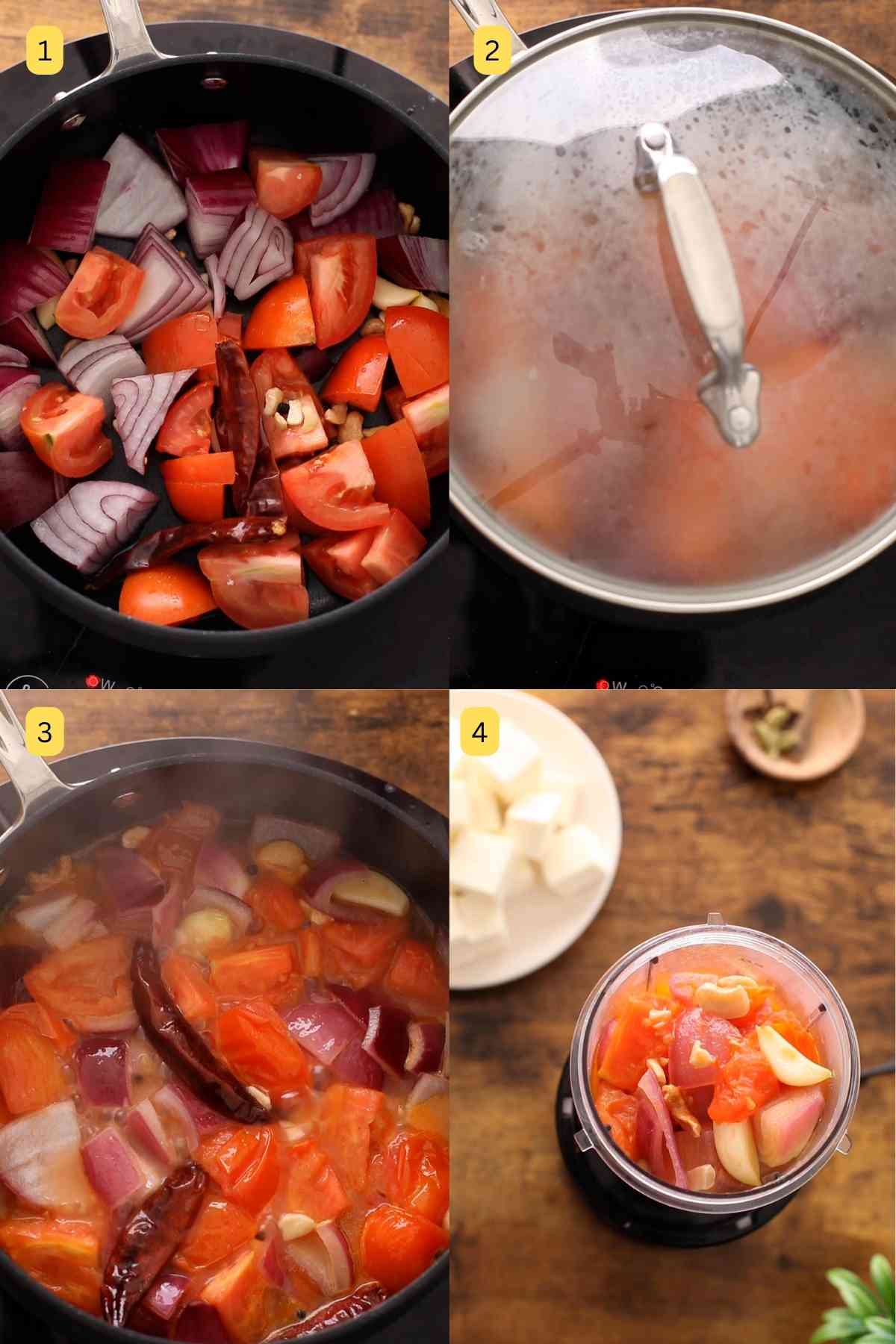 Boiling chopped vegetables nad nuts for makhani sauce.