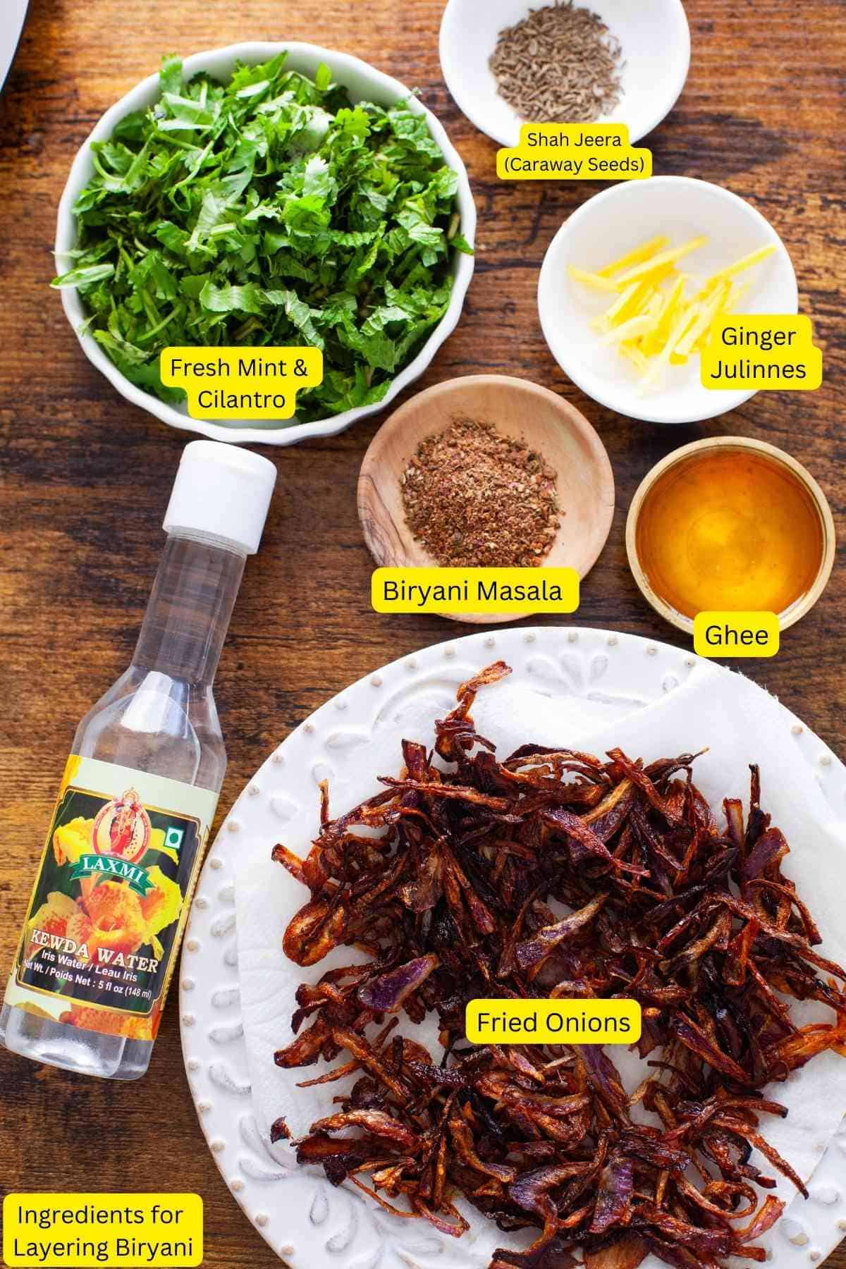 Ingredients for layering paneer biryani.