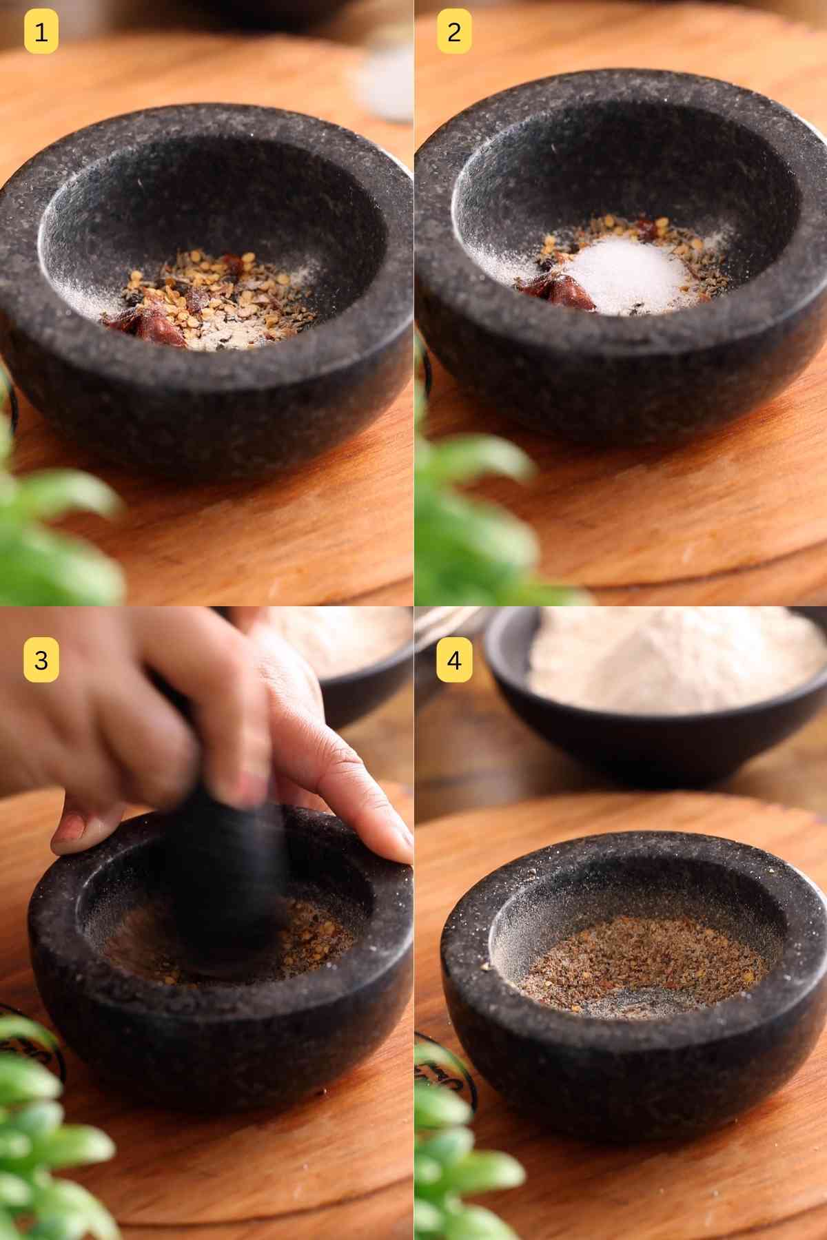 Grinding whole spices using mortar and pestle. 