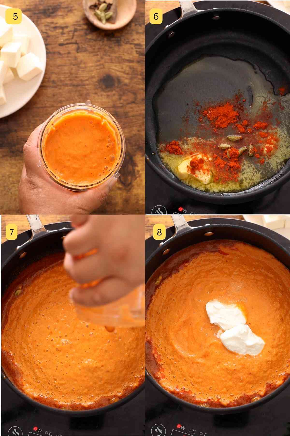 Grinding the sauce and adding yogurt.