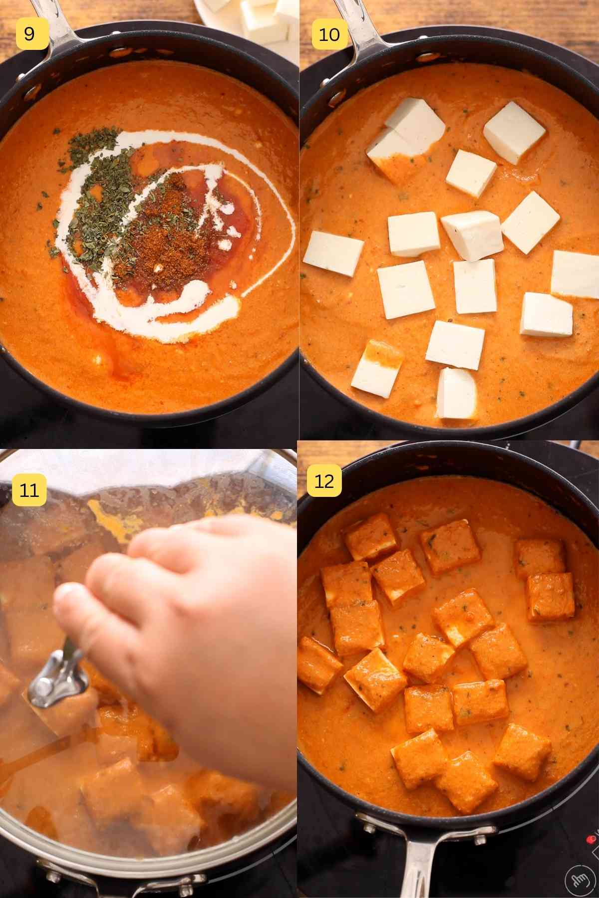 Adding spices, heavy cream and paneer to makhani sauce.