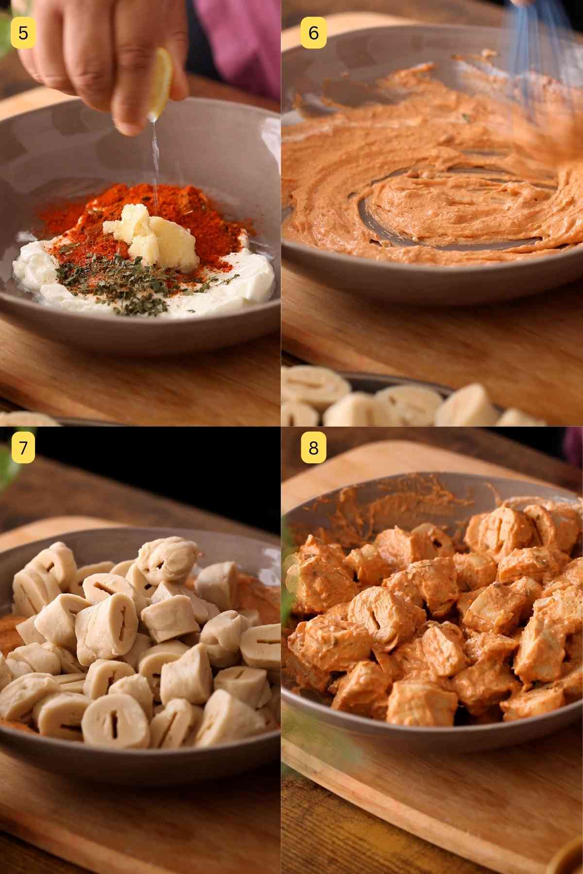 Marinating Soya Chaap in yogurt and spices.