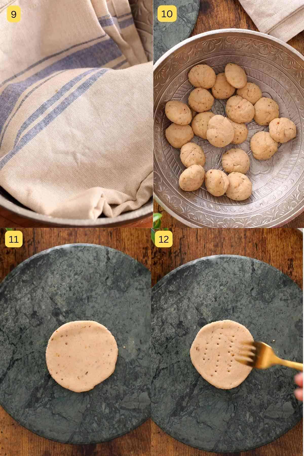 Rolling mathri and poking with fork.