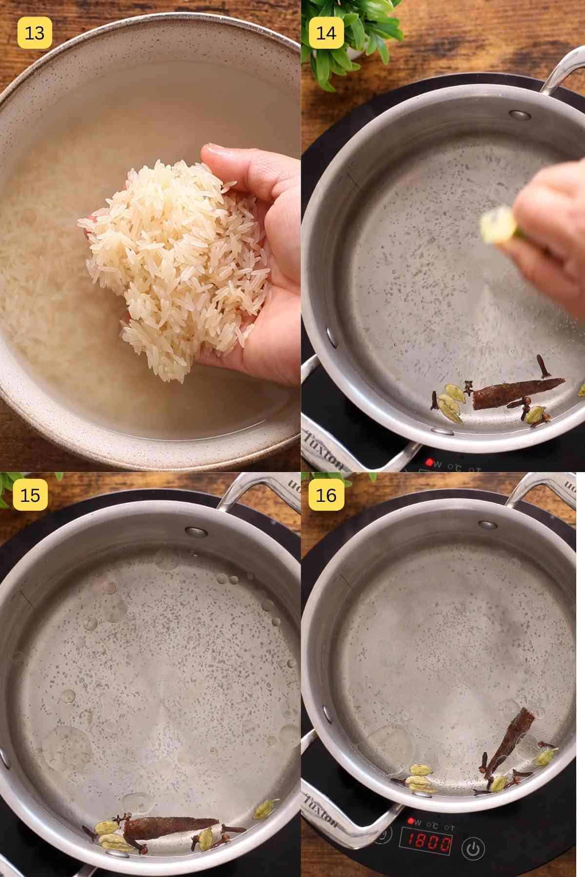 Soaking rice and boiling water with spices.