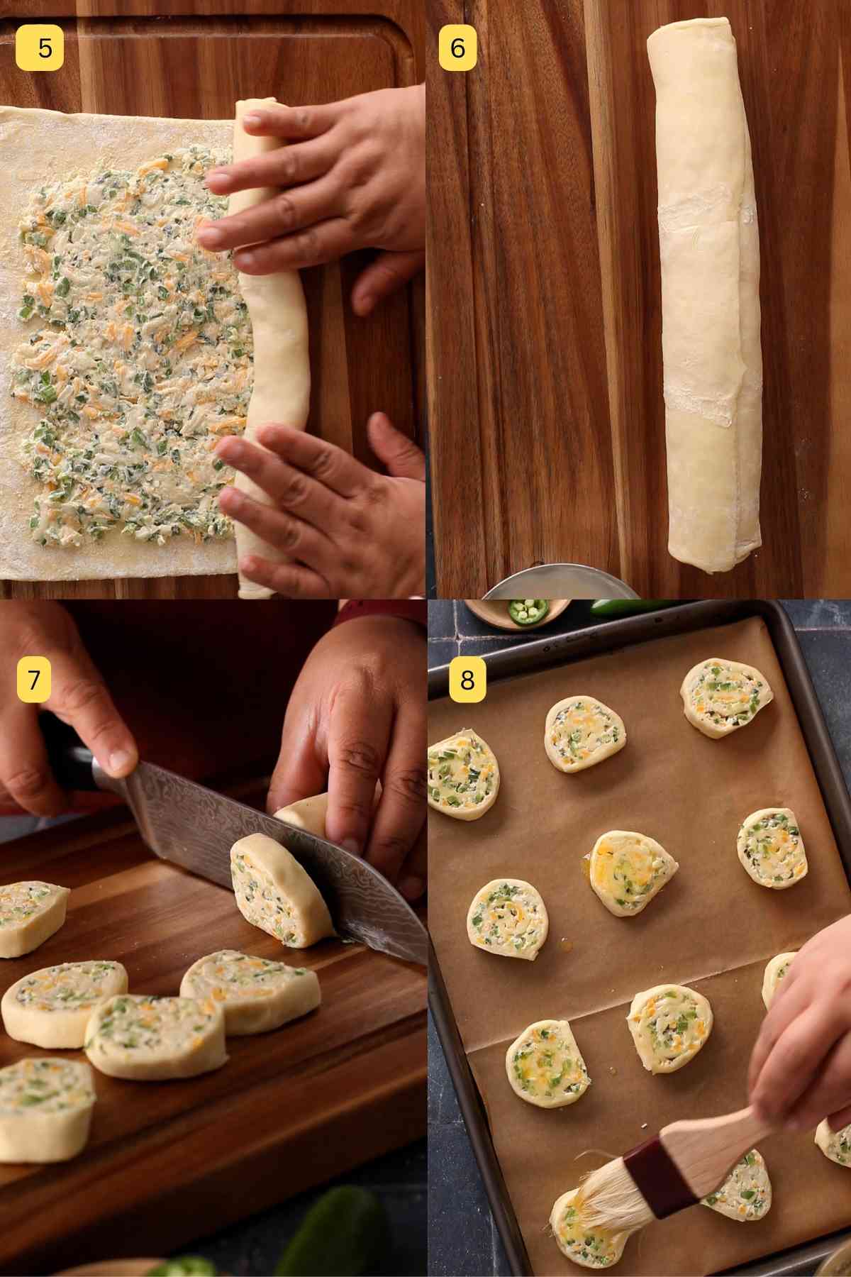 Rolling up puff pastry and slicing pinwheels.
