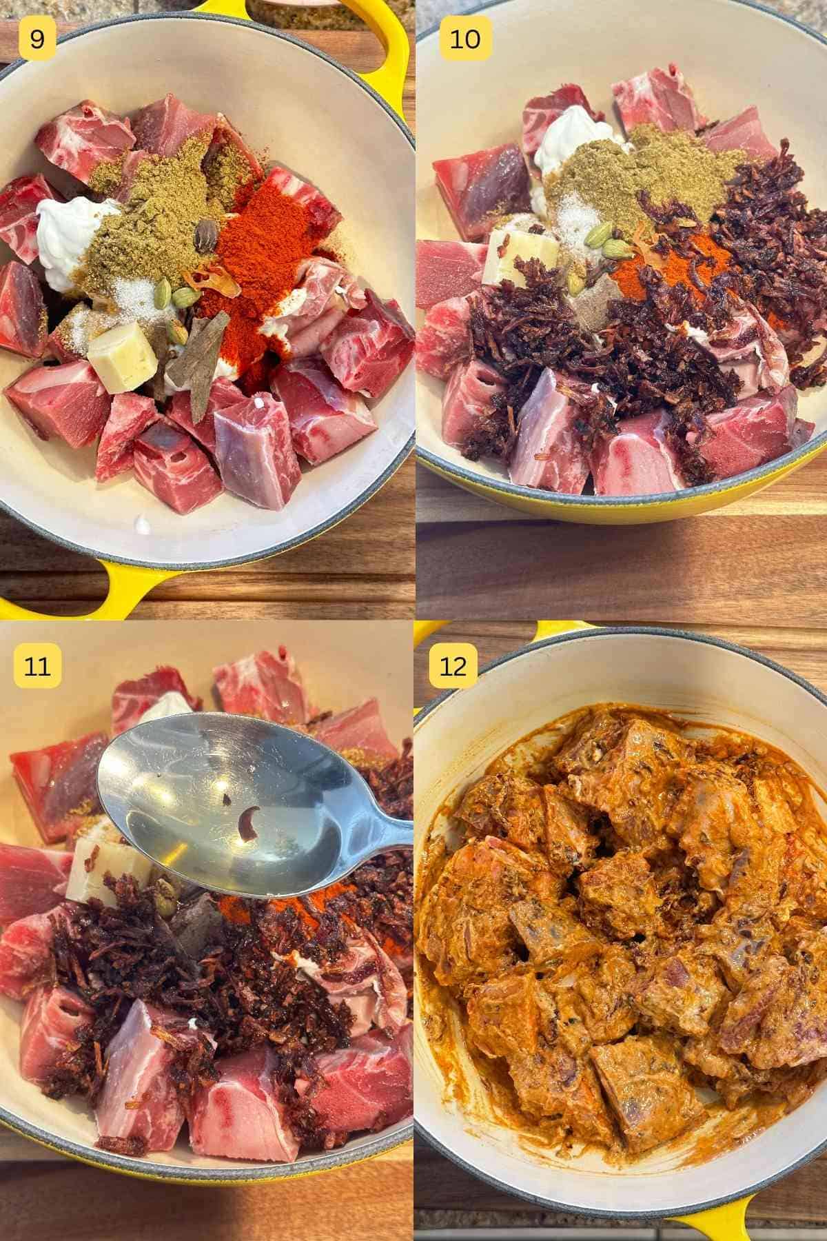 Marinating meat for making korma.