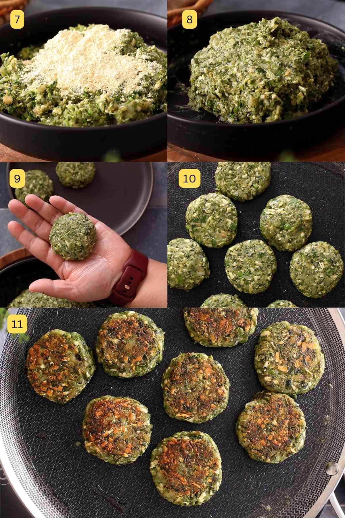 Shaping and pan frying hara bhara kabab.