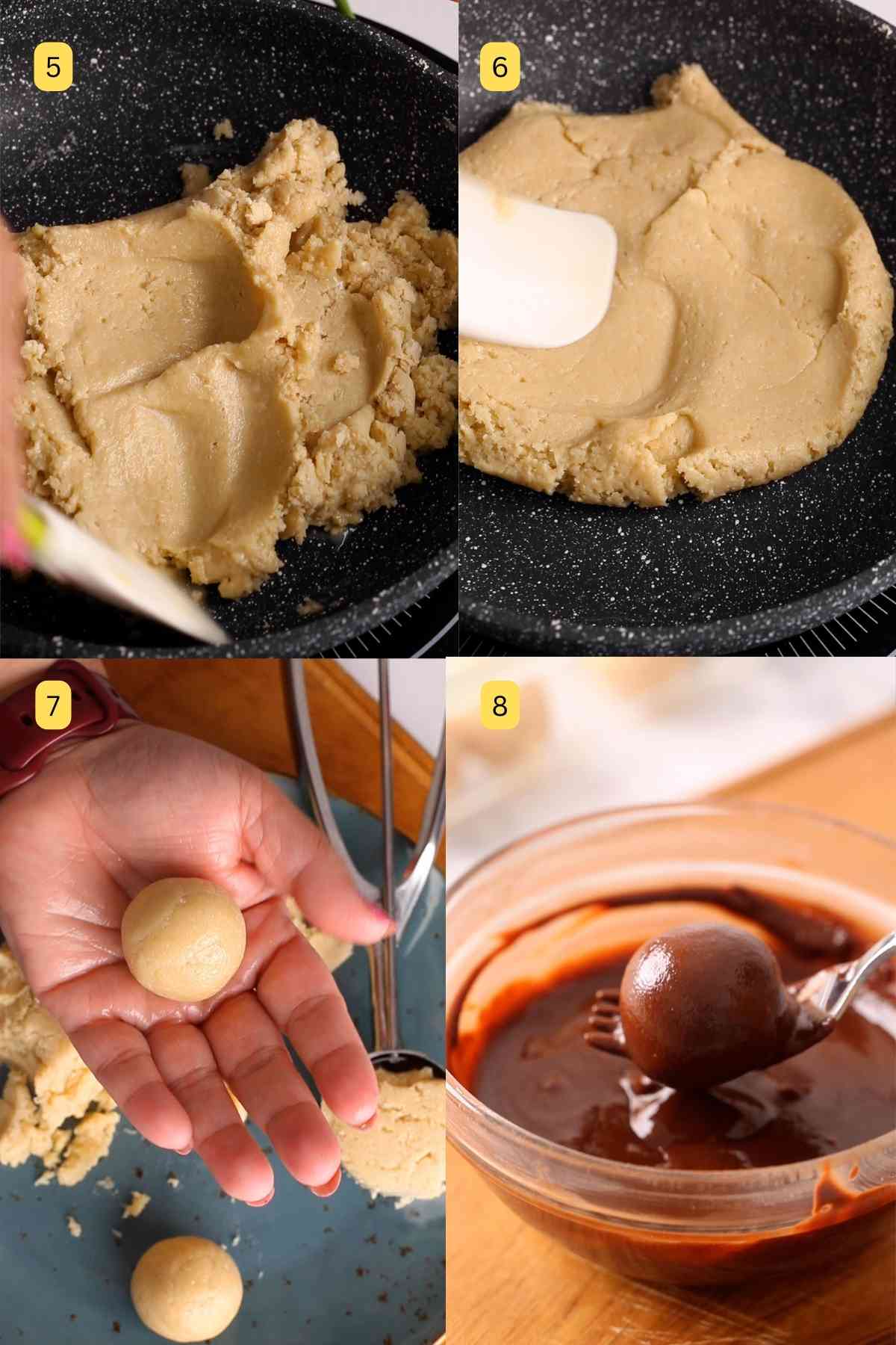 Shaping and dipping kaju truffles in melted chocolate.