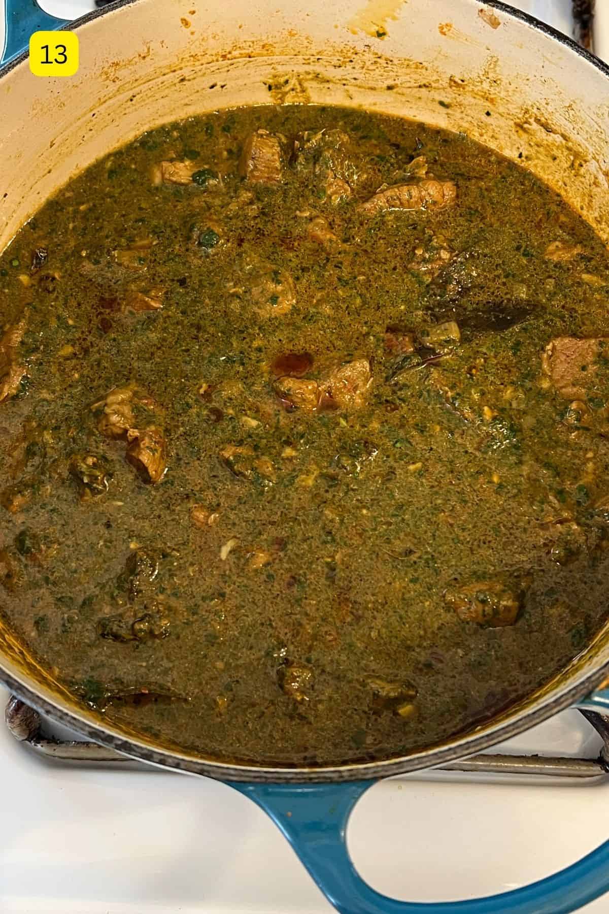 lamb palak is ready to simmer.