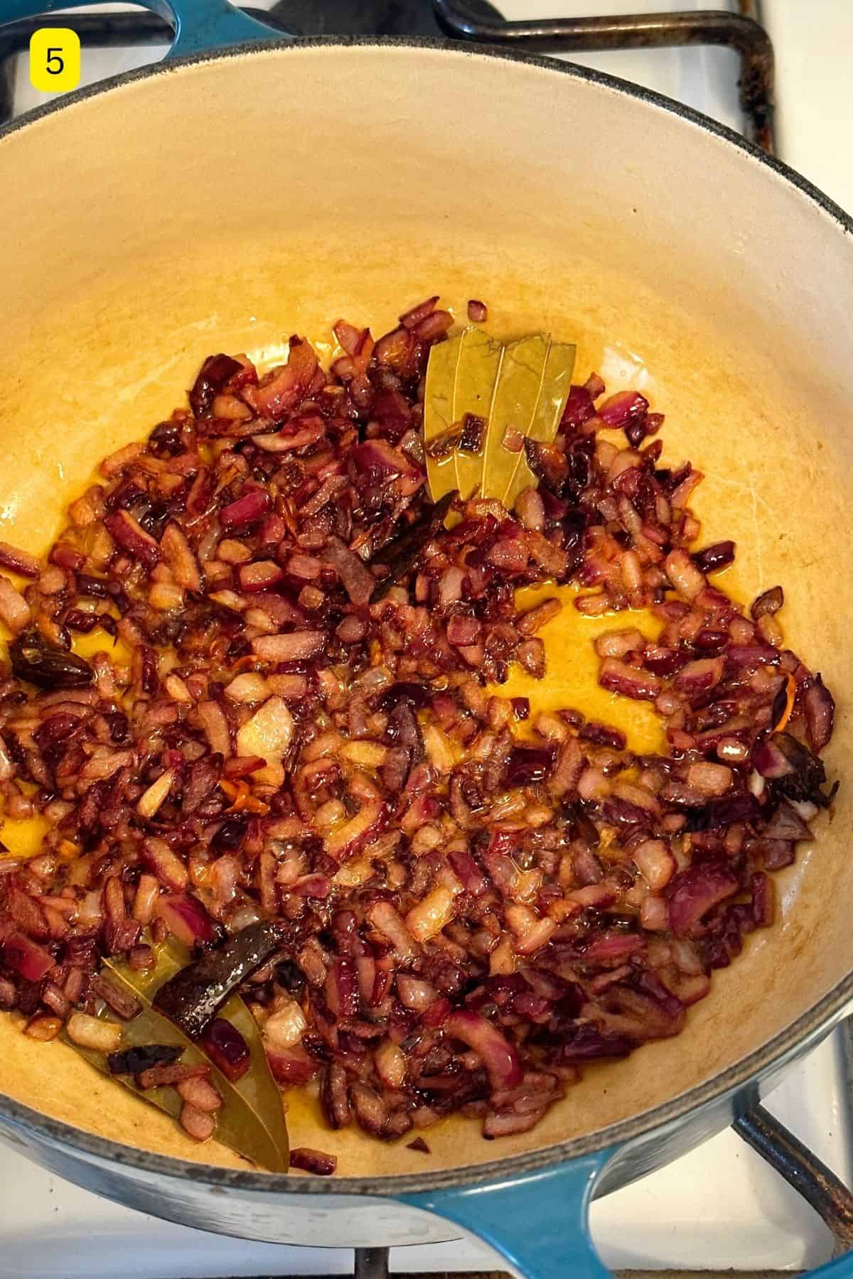 Browned onions in oil.