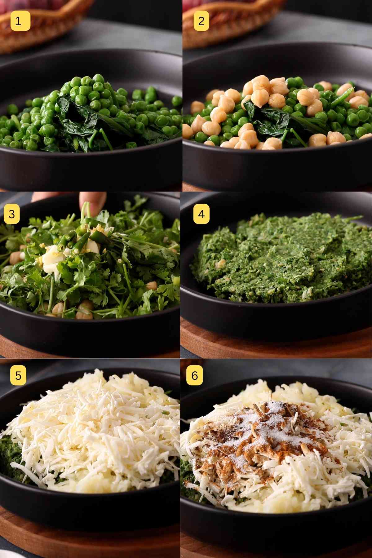 Making the kabab mixture with green vegetables, potatoes and spices. 