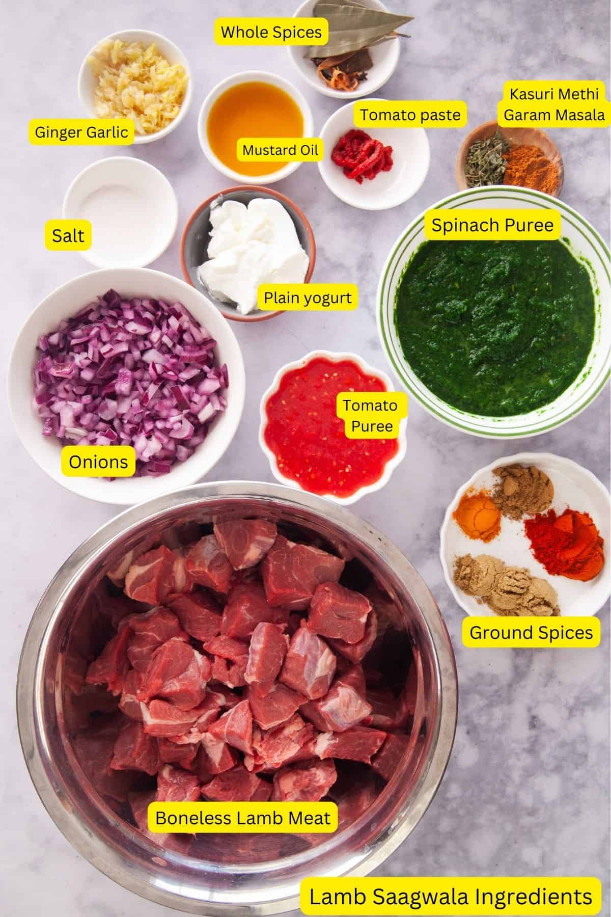 Lamb Saagwala Ingredients on a marble background.