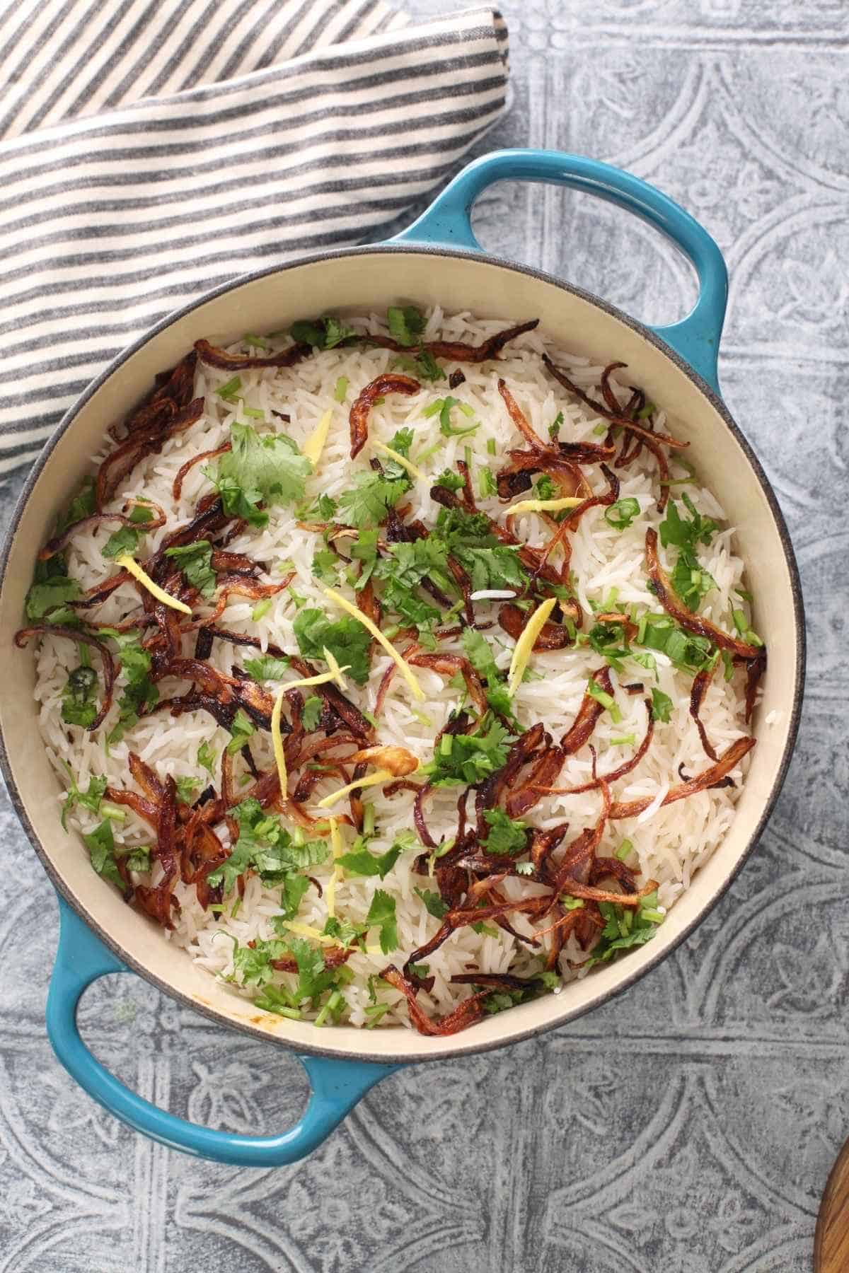 Layered biryani is ready for dum cooking or final steaming.