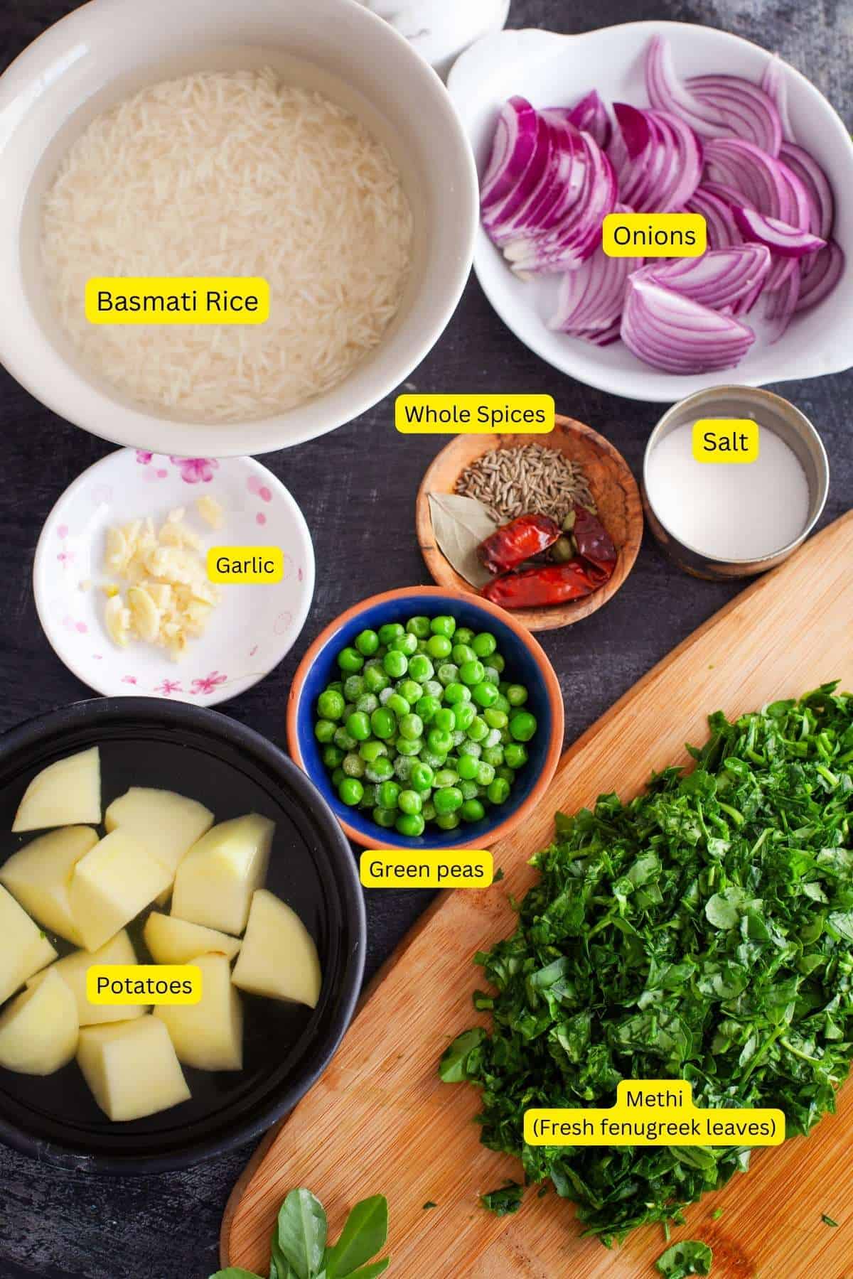 Ingredients for instant pot fenugreek pulao. 