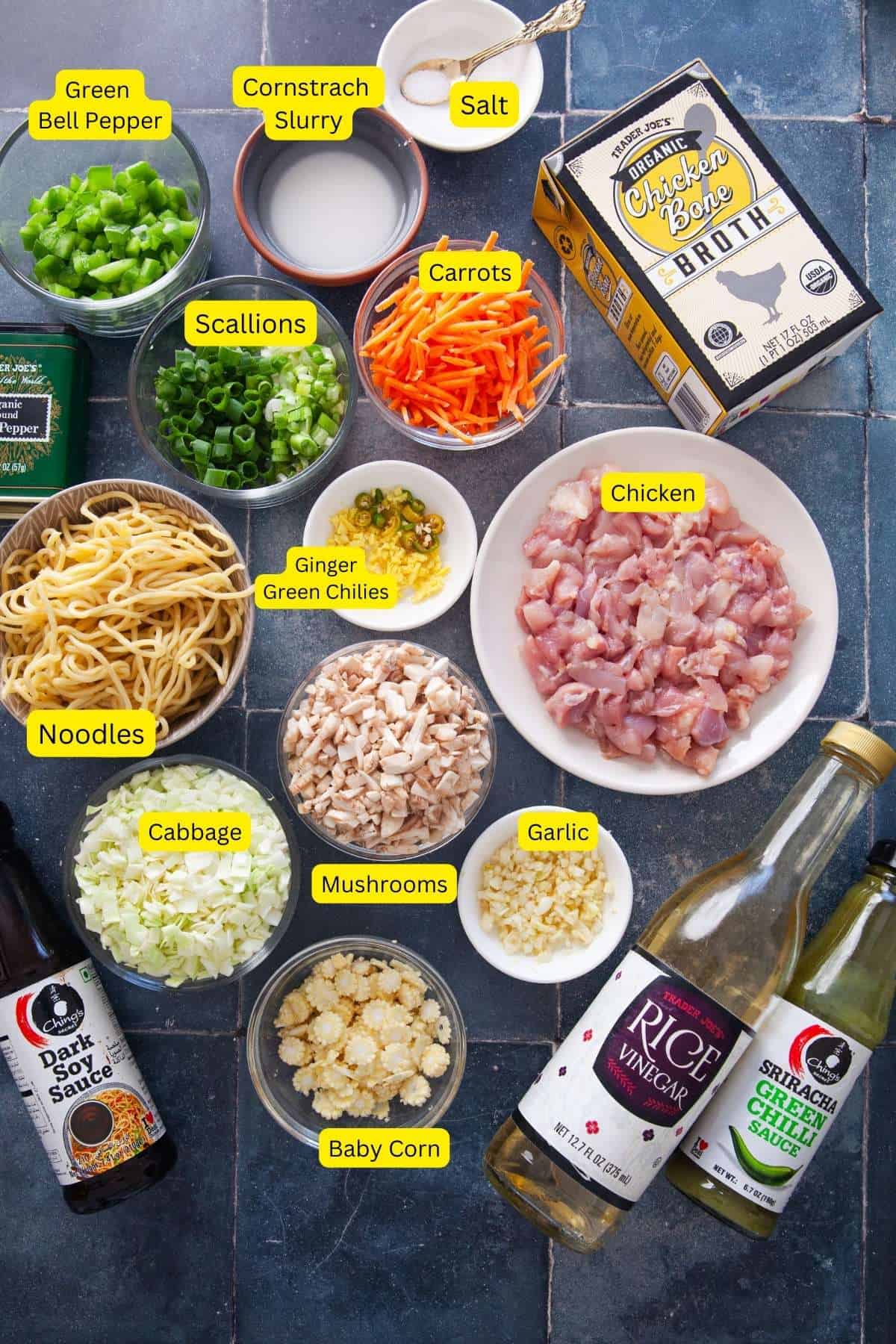 Ingredients needed to make chicken Manchow Soup.