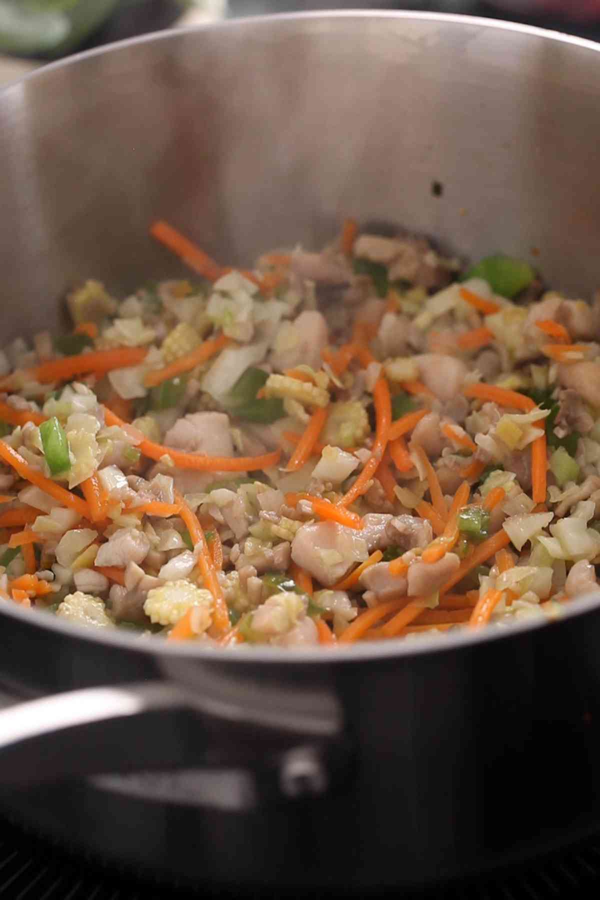 Chicken and stir fried vegetables in a soup pot