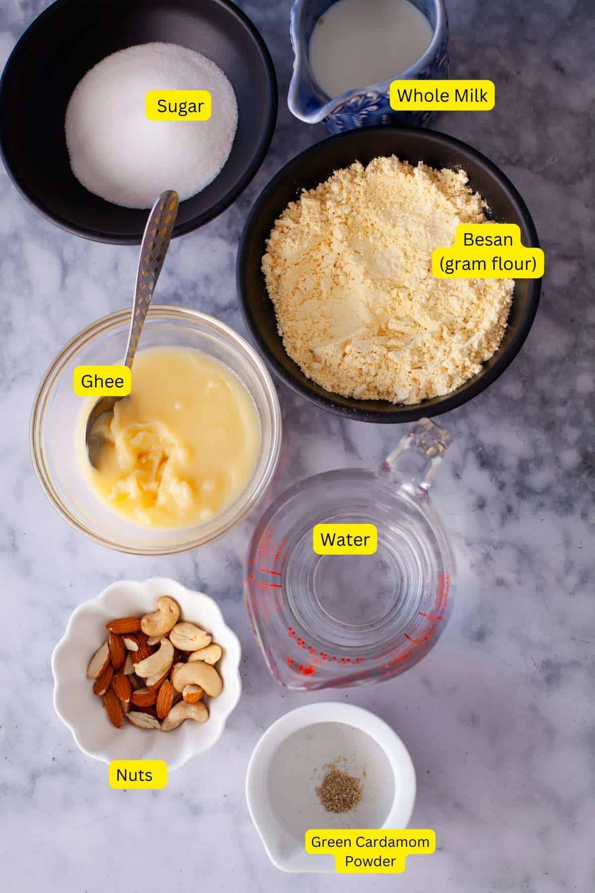 Ingredients needed to make gram flour halwa.