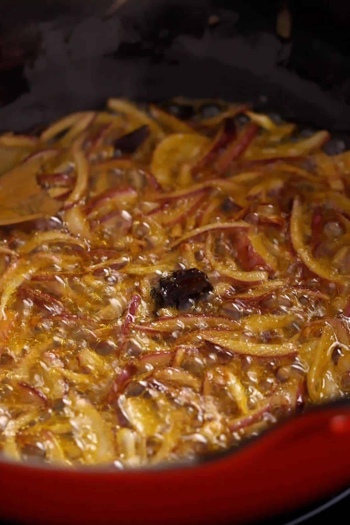 Browned onions in hot oil. 