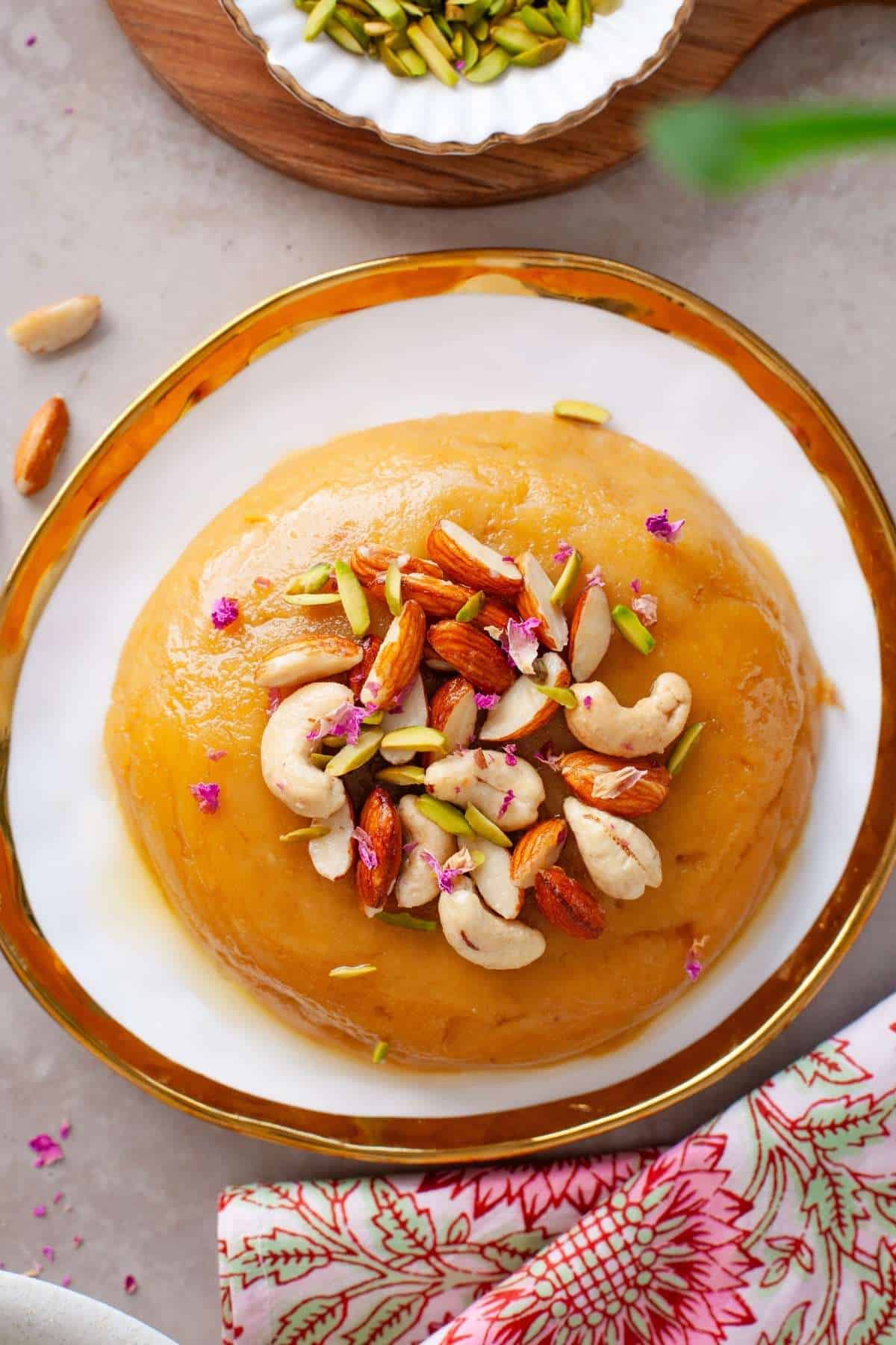 Close up view of besan halwa.