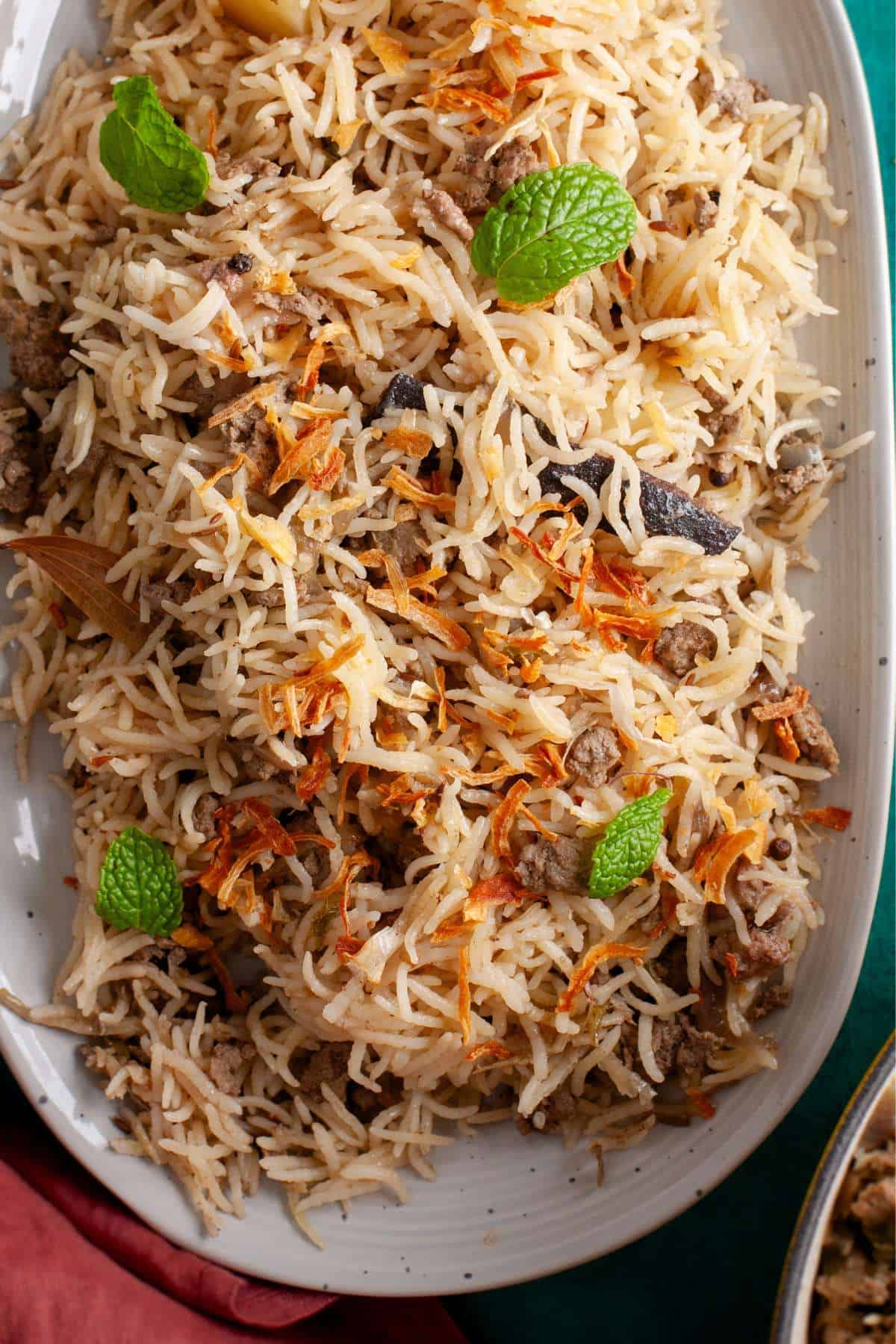Closeup image of ground meat and rice pilaf.