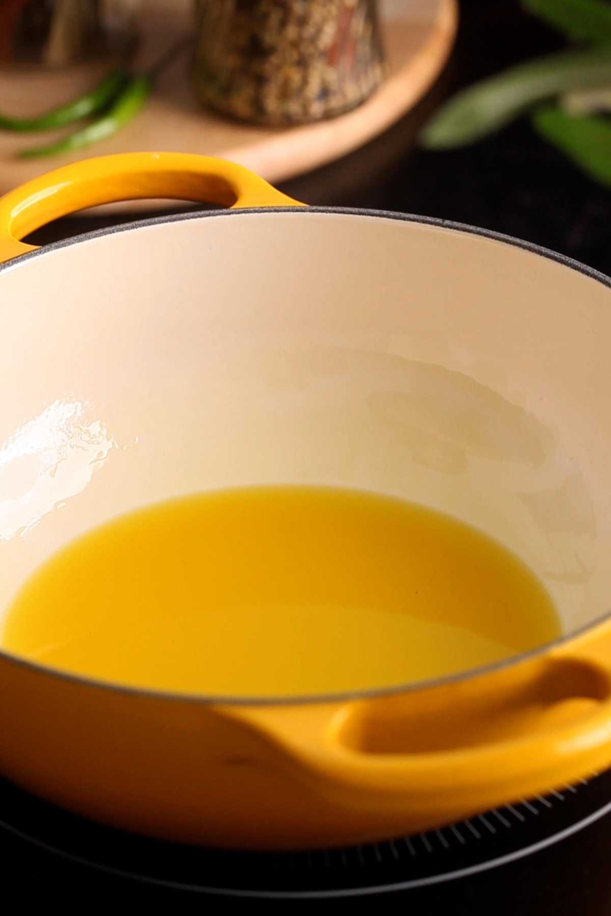 Heating up oil in a dutch oven. 