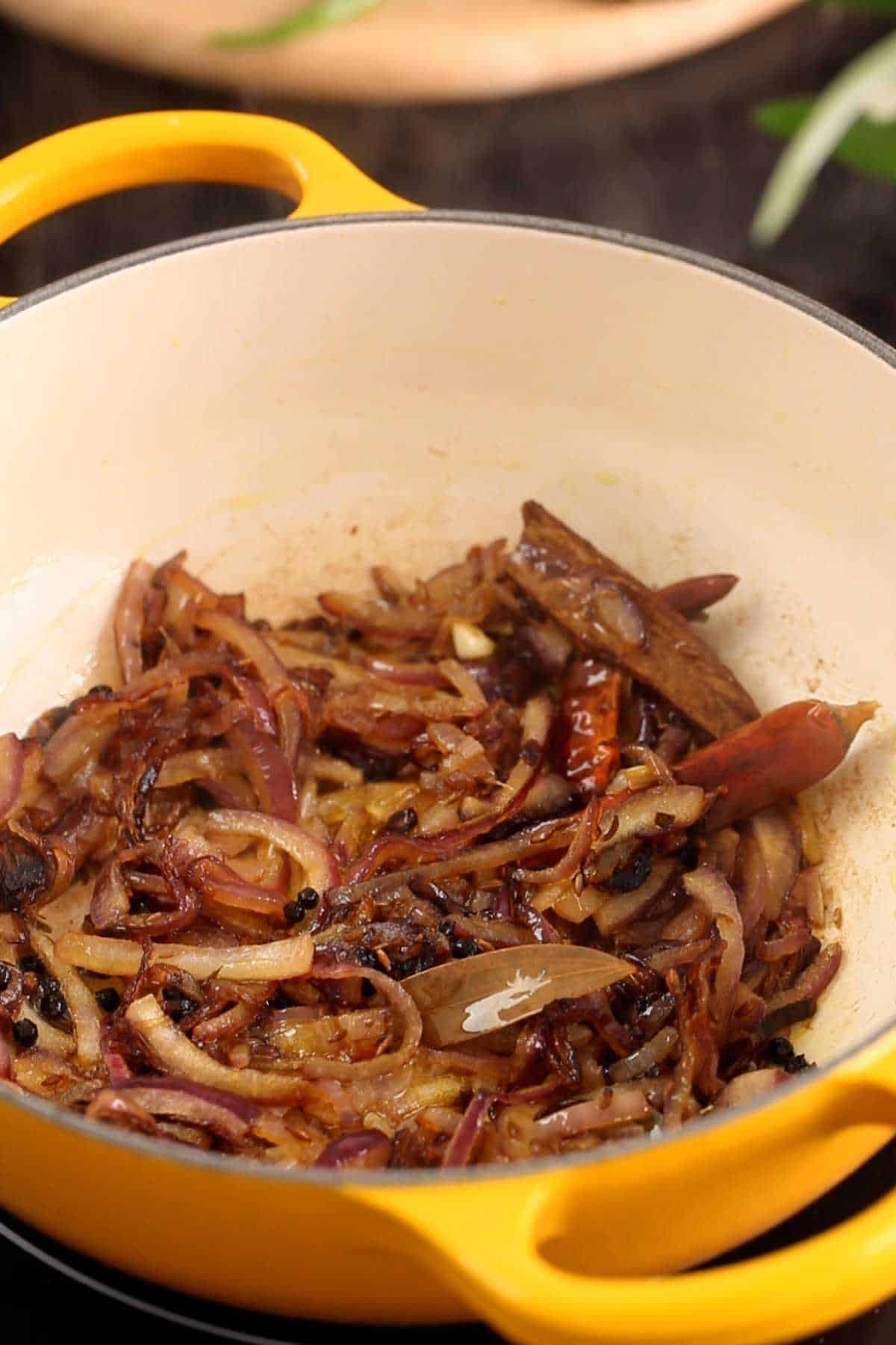 Browned onions in a dutch oven.