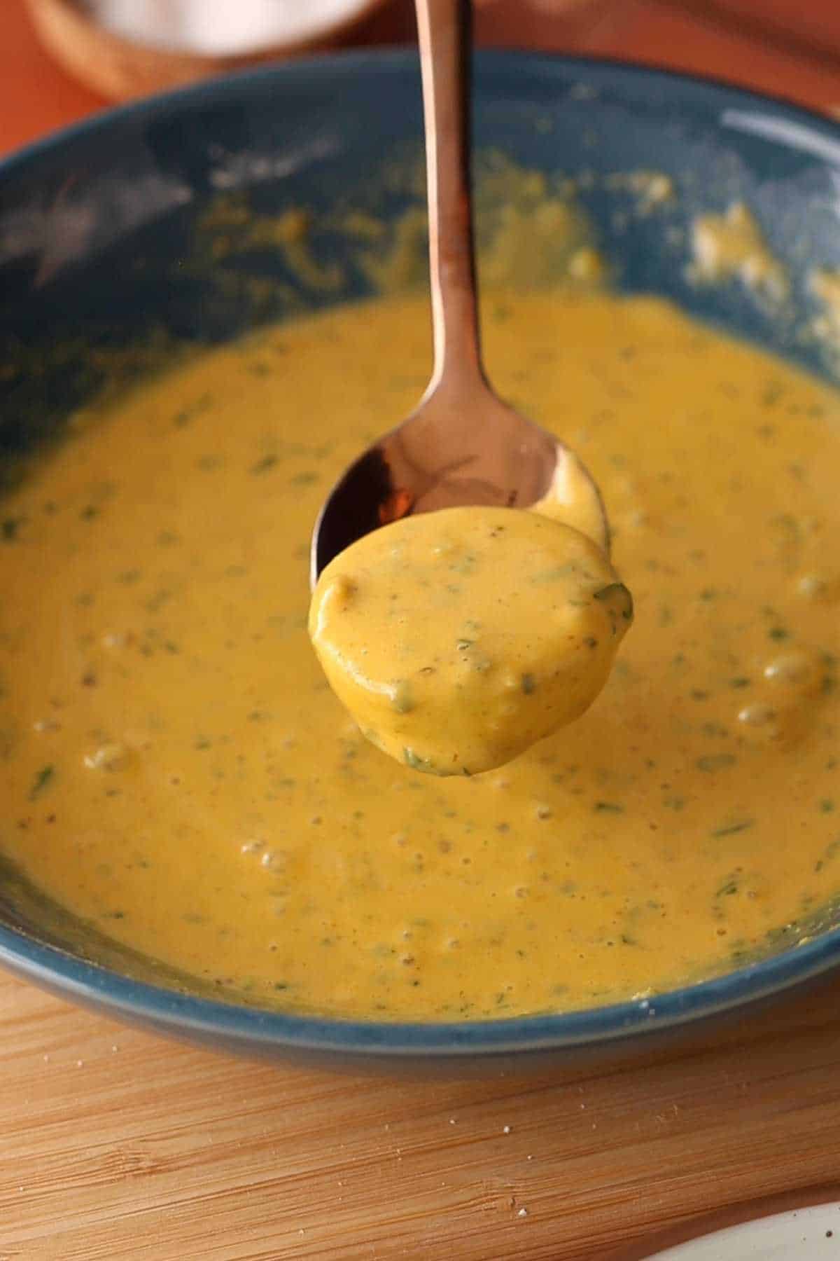 Egg slices coated on all sides with th ebesan batter.