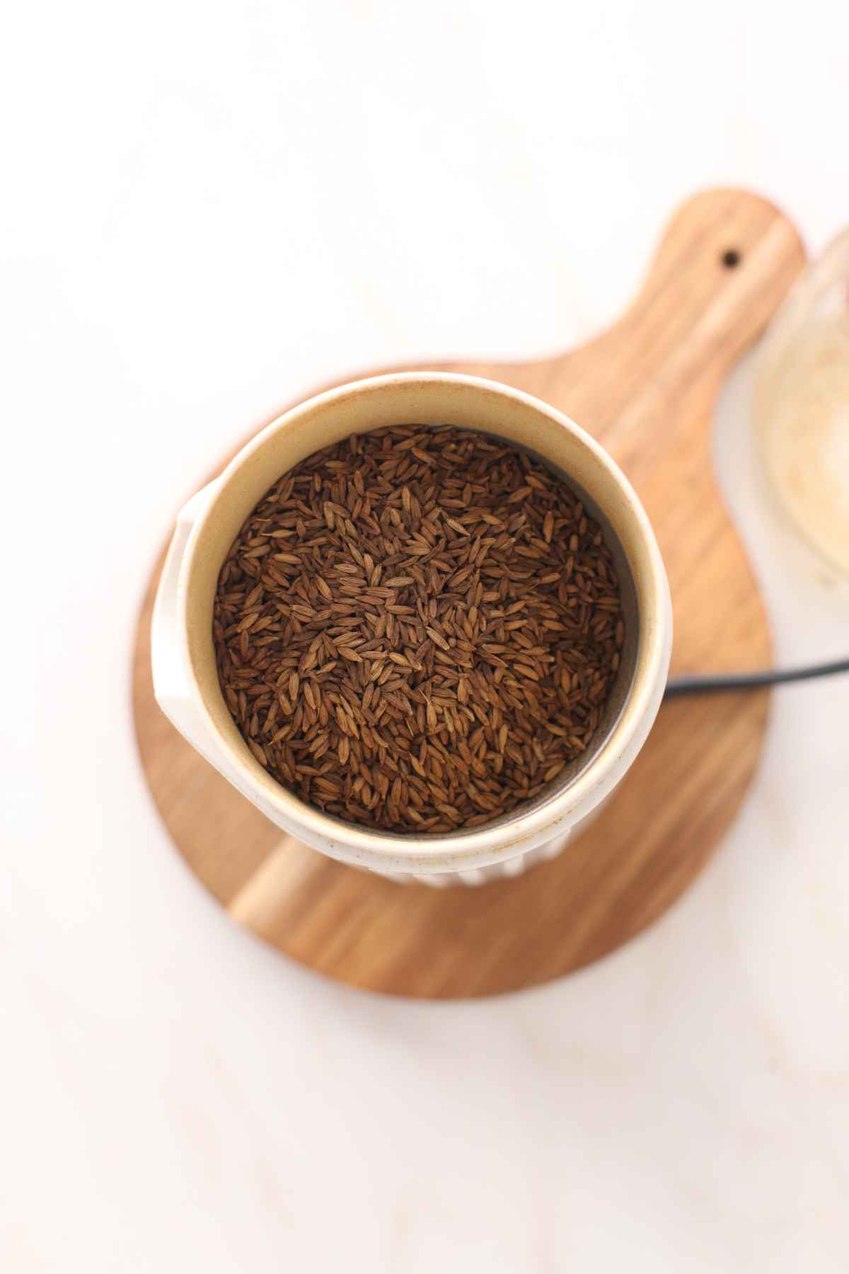 Roasted cumin seeds placed in a white coffee grinder. 