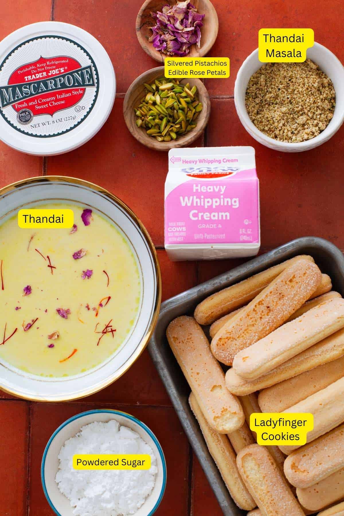 Ingredients needed to make thandai tiramisu.