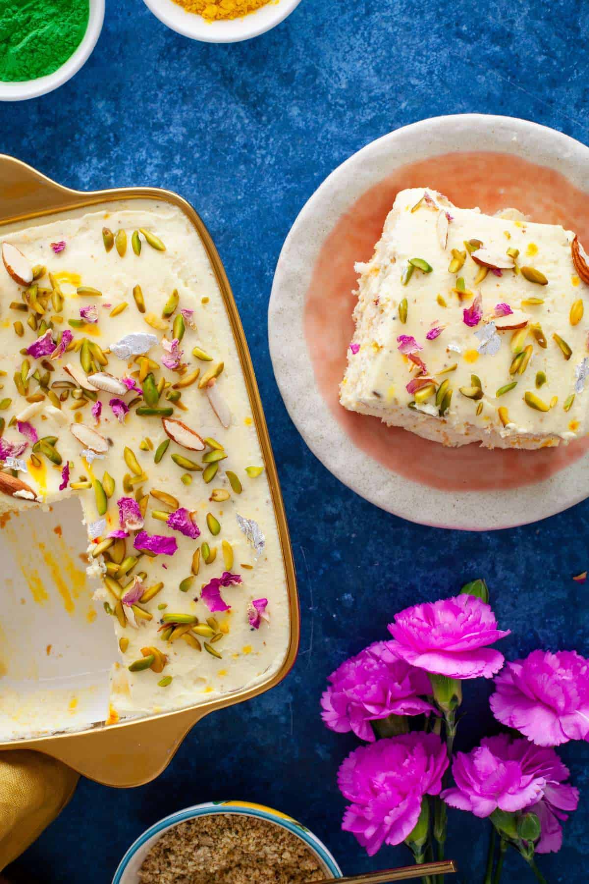 Thandai tirmamisu slice on a holi table. 