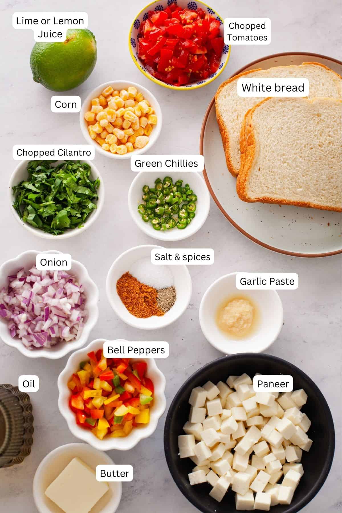 Ingredients for Paneer Sandwich.