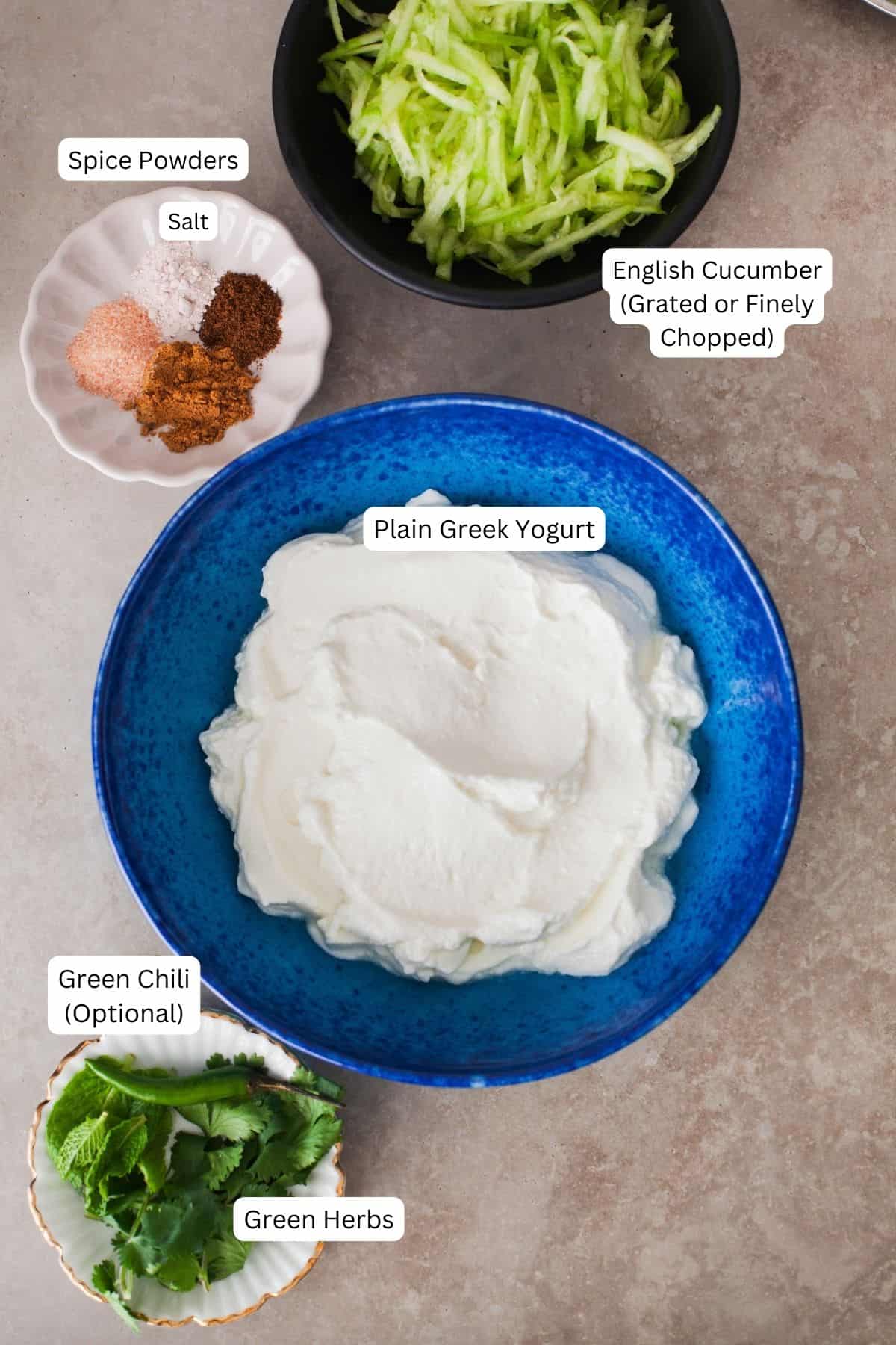 Ingredients for cucumber raita.