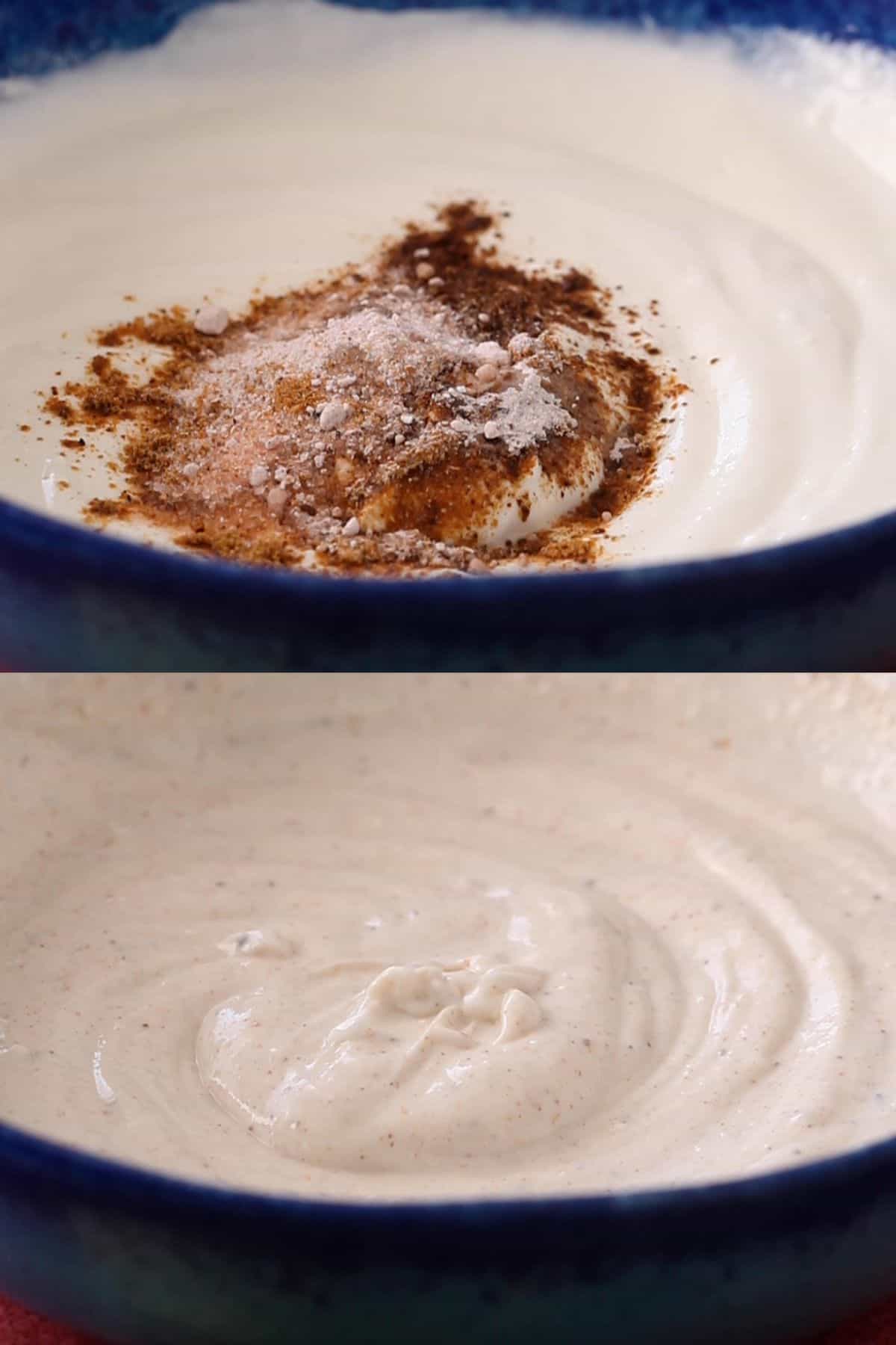 Whisked yogurt mixed with spice powders.