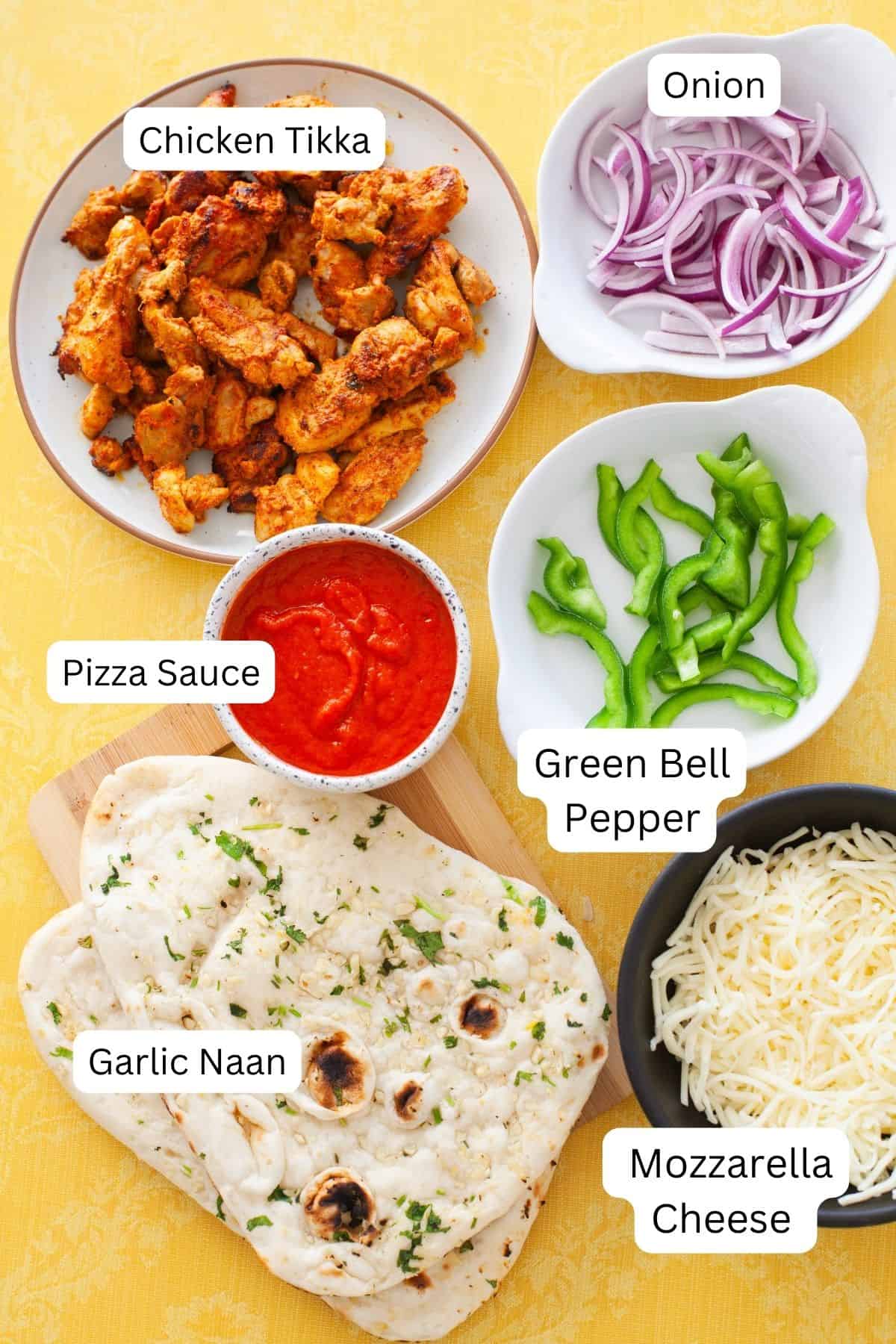 Ingredients for chicken tikka pizza.