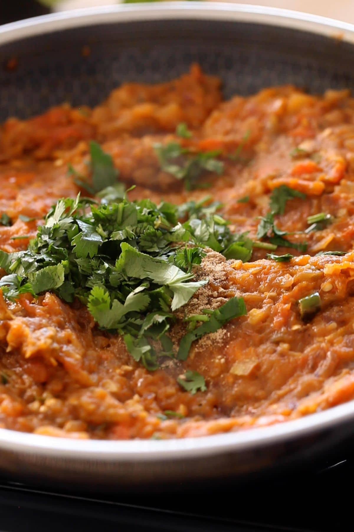 Finish baingan bharta with garam masala and chopped cilantro.