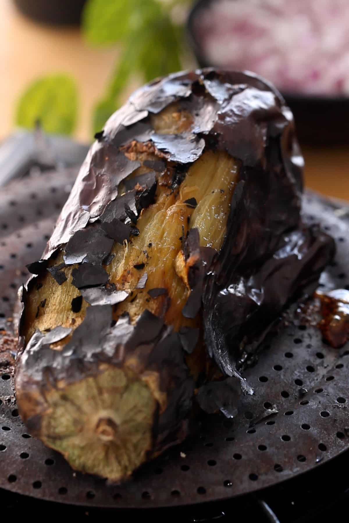 Very soft fire roasted eggplant.