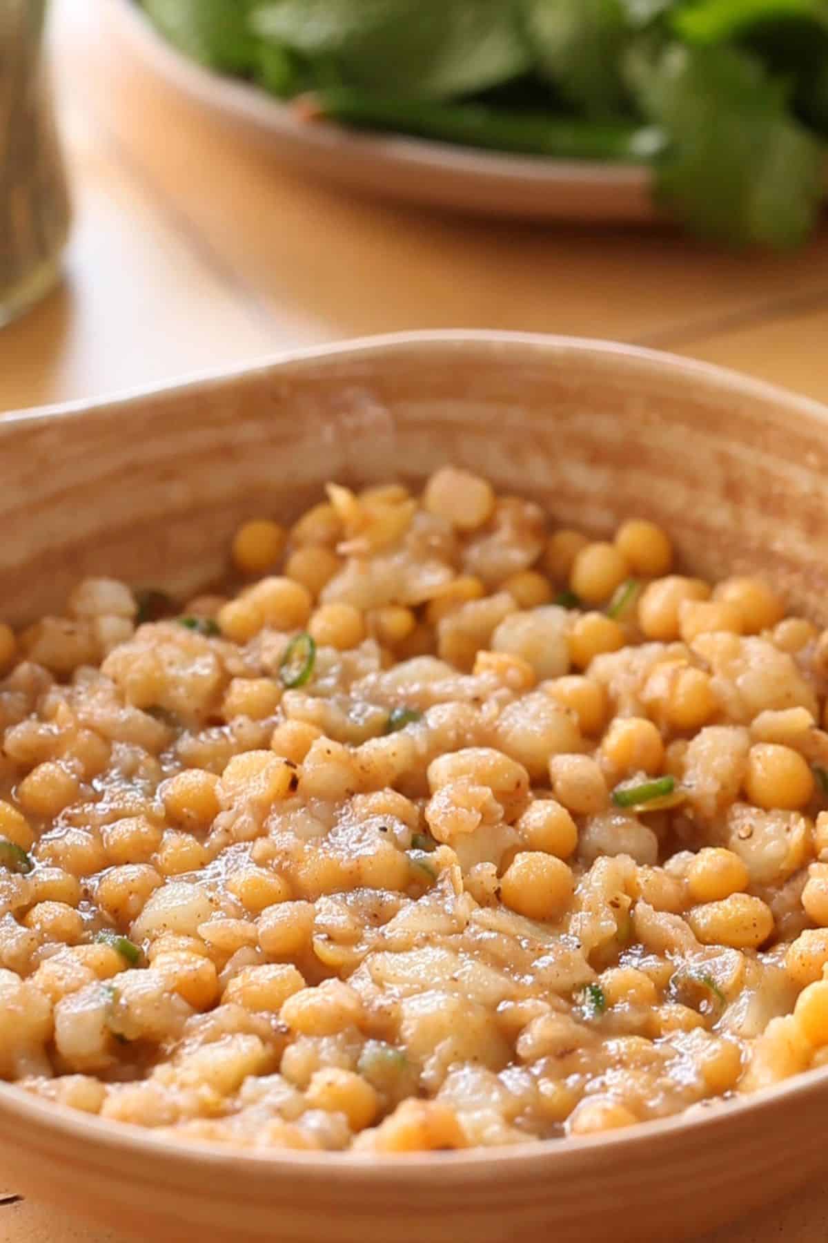 Golgappa stuffing ready in a brown bowl.