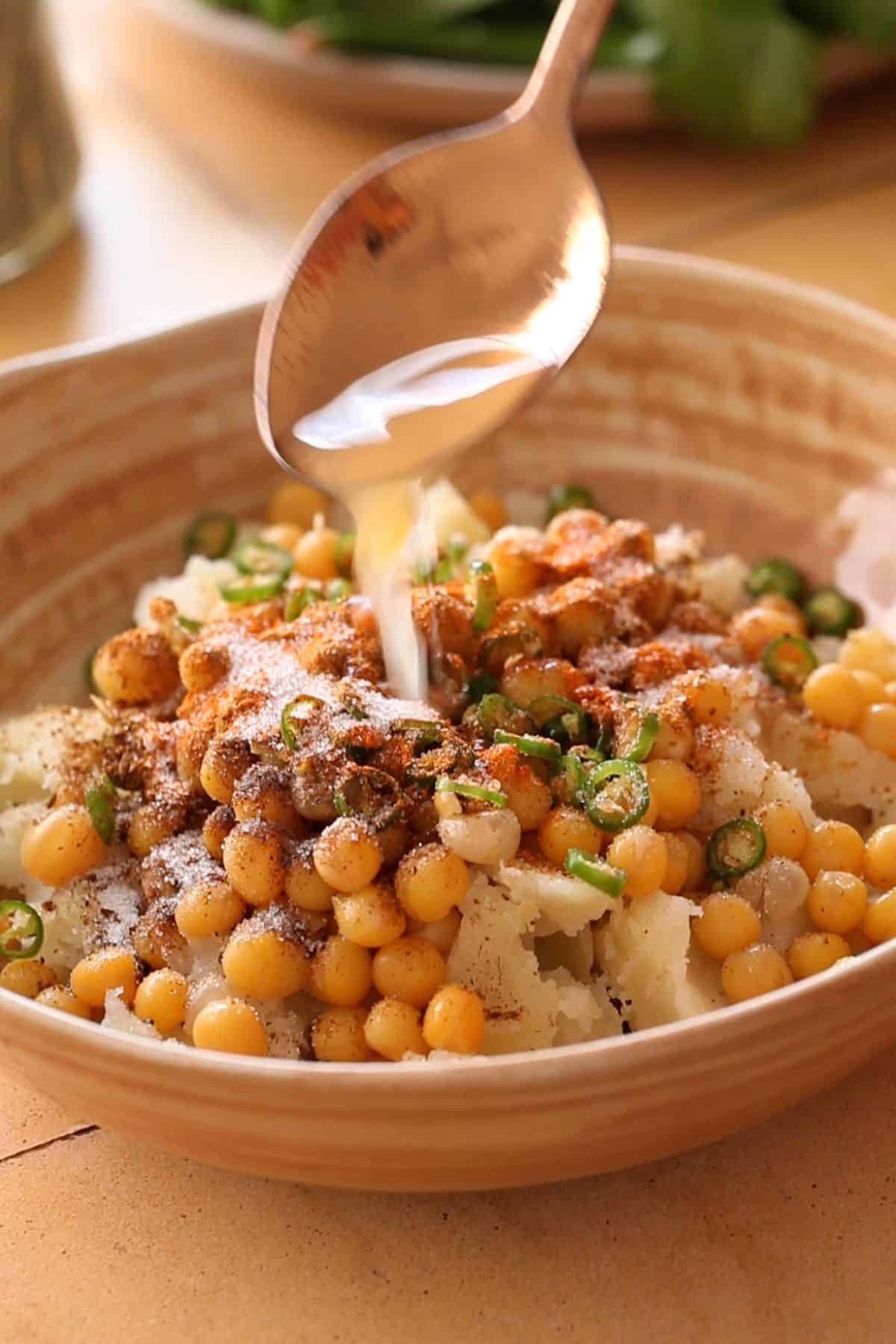 Ground spices and water added to make pani puri stuffing.