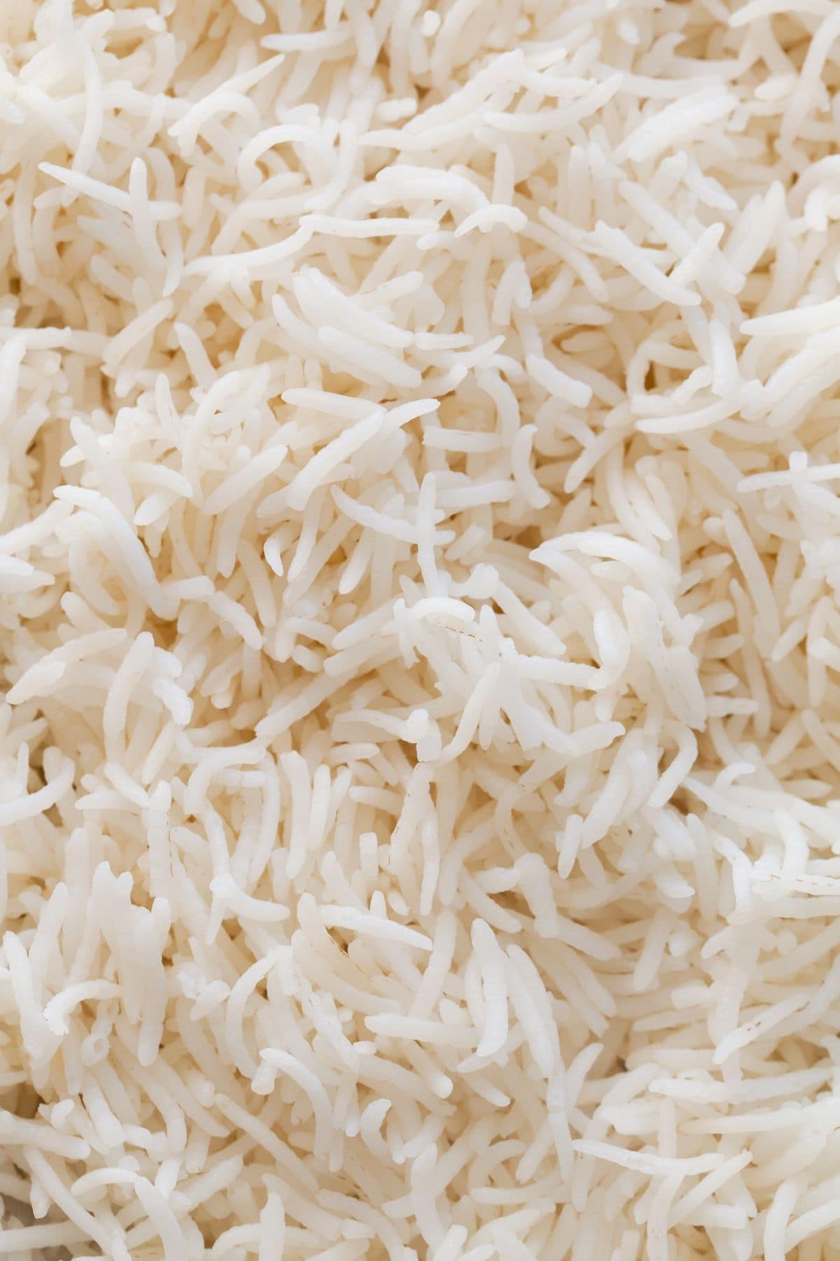 Macro image of cooked fluffy white basmati rice.