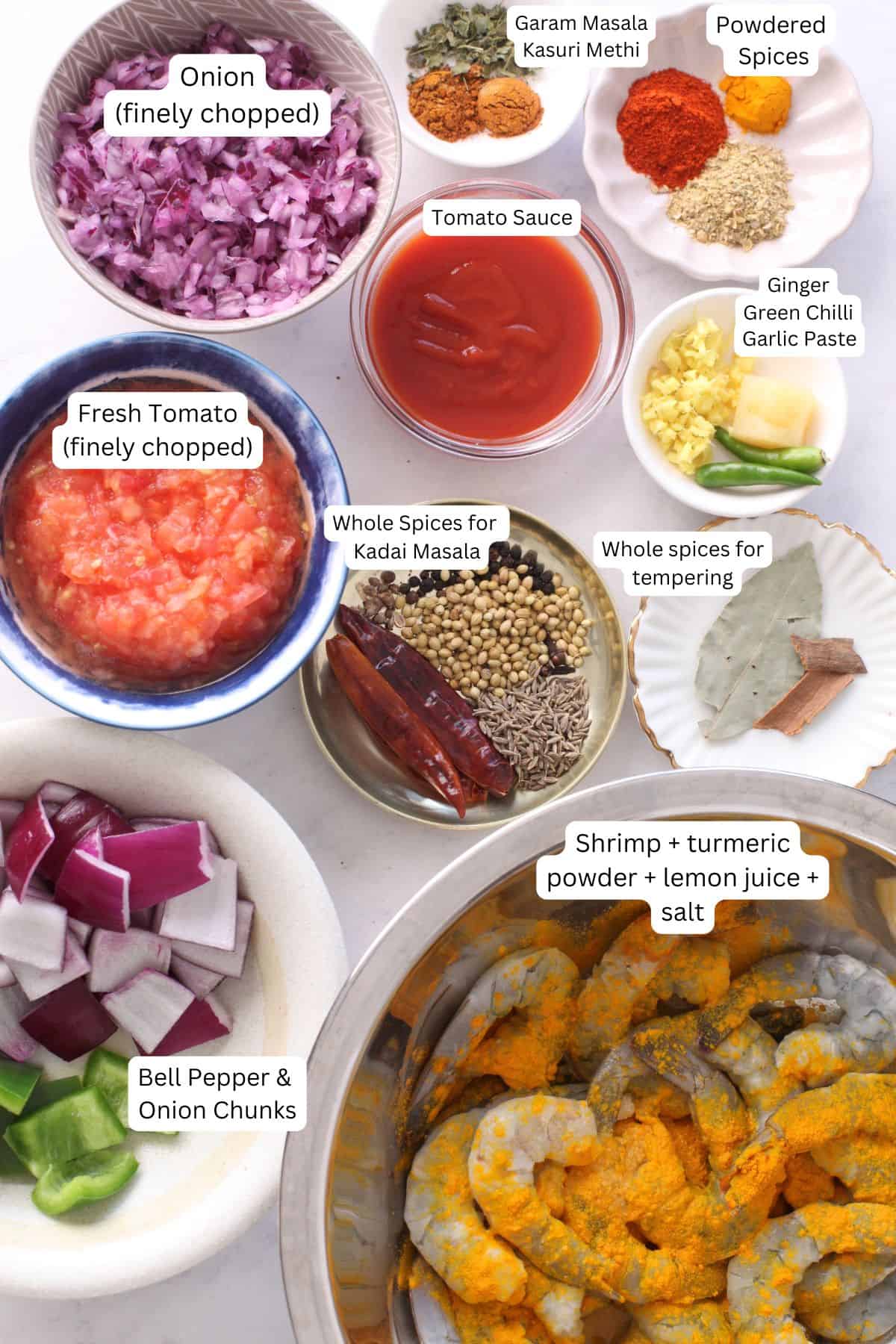 Ingredients Needed to make kadai prawns.