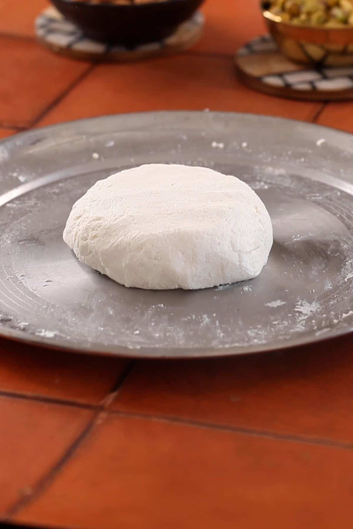 Soft and pliable chenna ball is ready to be shaped.