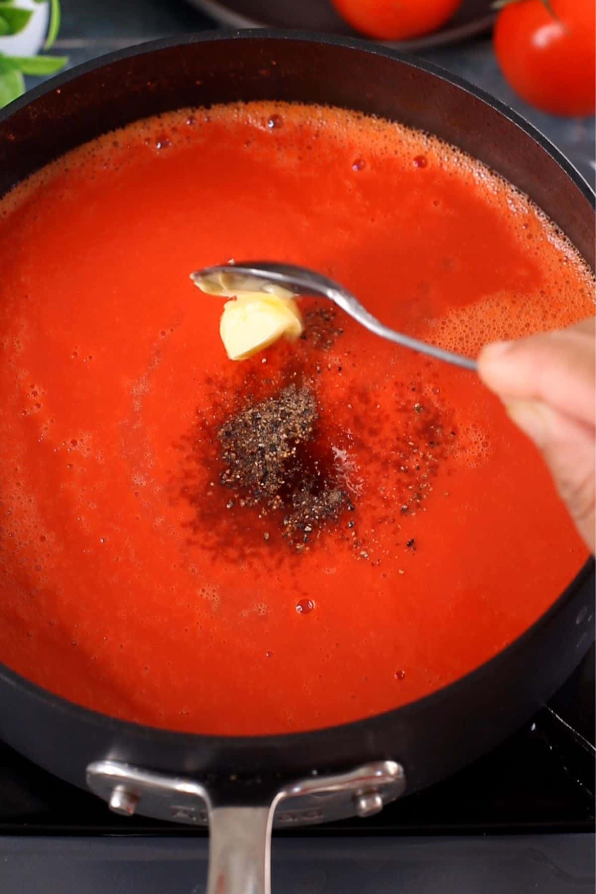 Butter, sugar and black pepper are adde dto the soup.