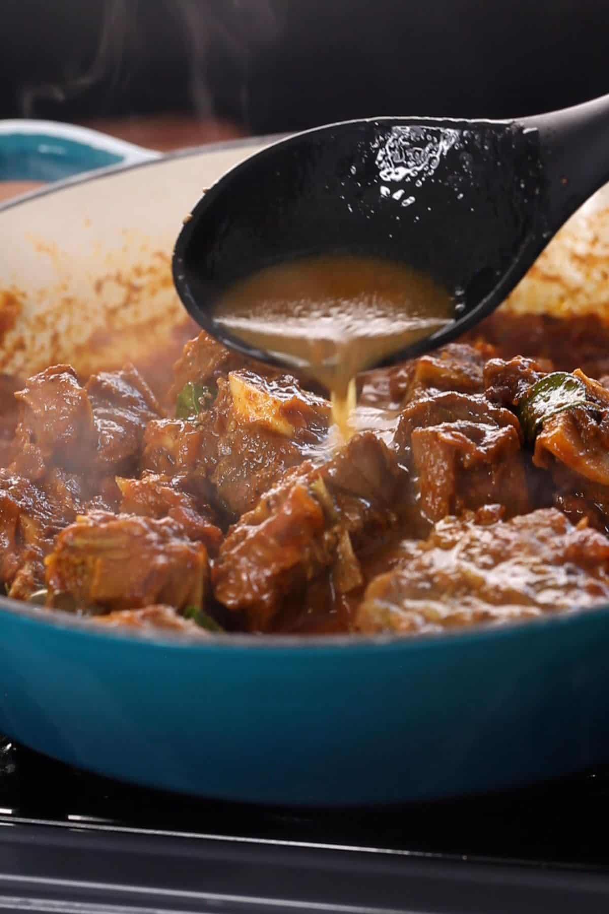 Meat stock is added gradulaly to the pan during the process of frying.