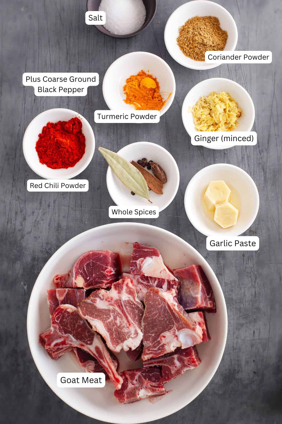 Ingredients needed to pressure cook the mutton.