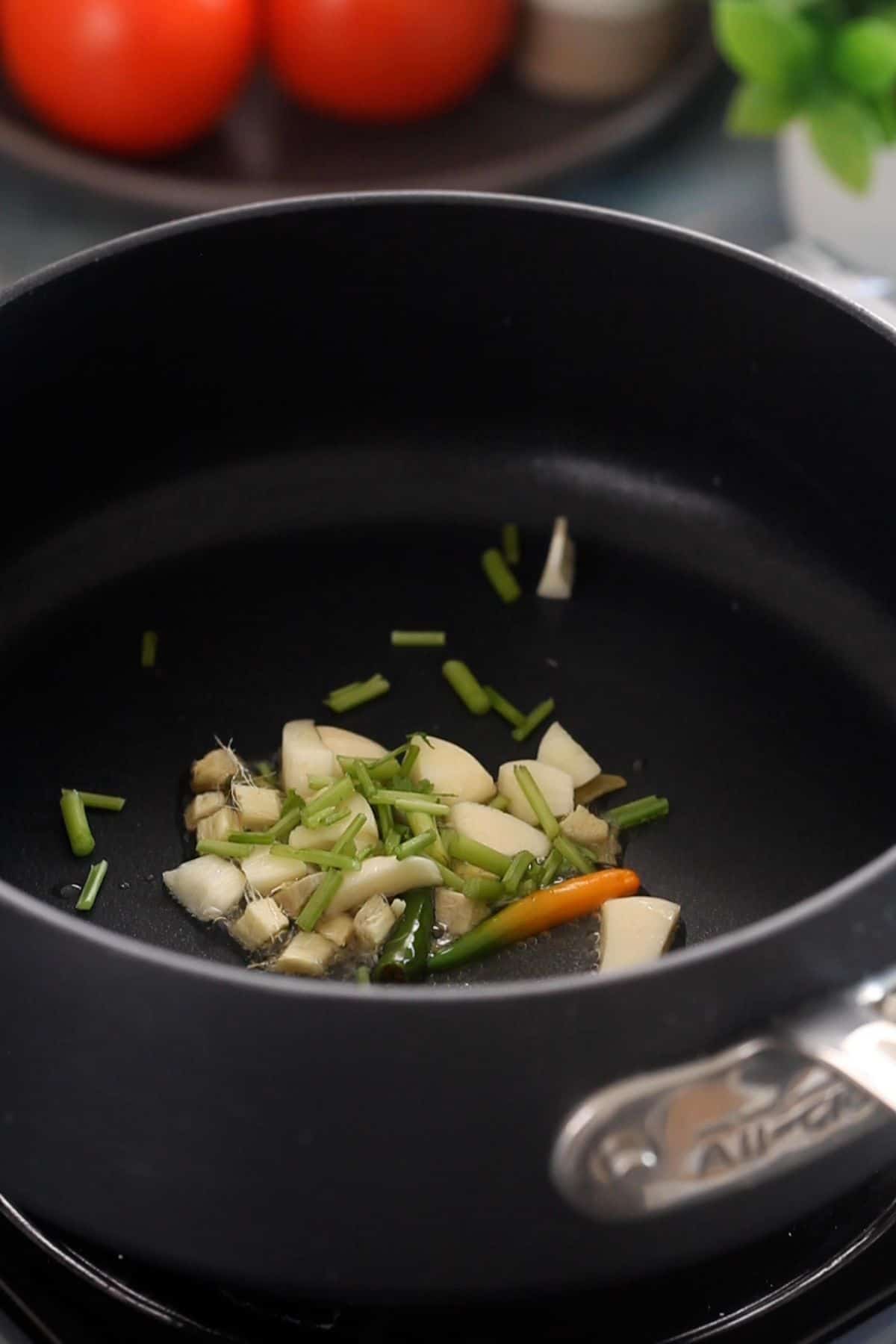 Aromatics are sautéed in oil for making soup.