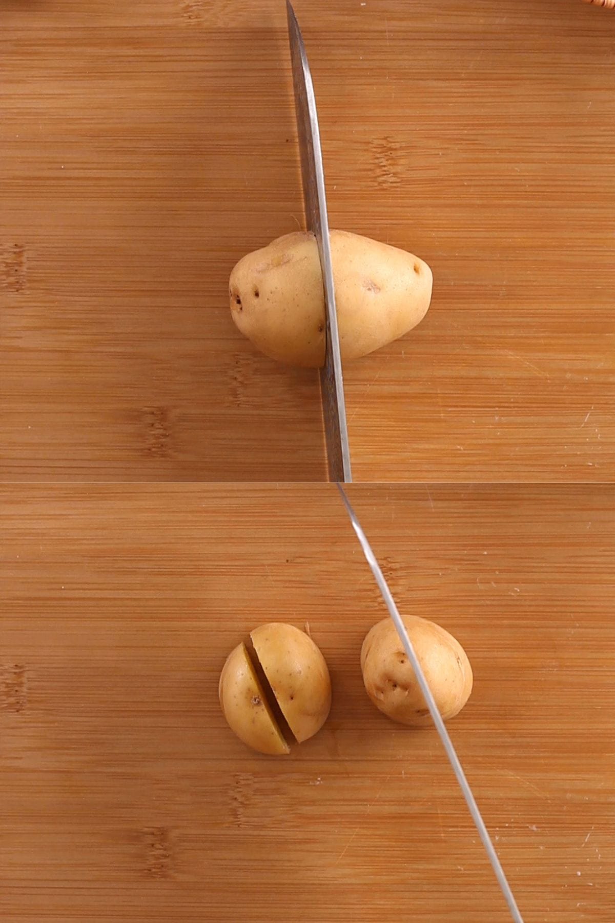 Pictures showing how to cut potatoes for making tikka.