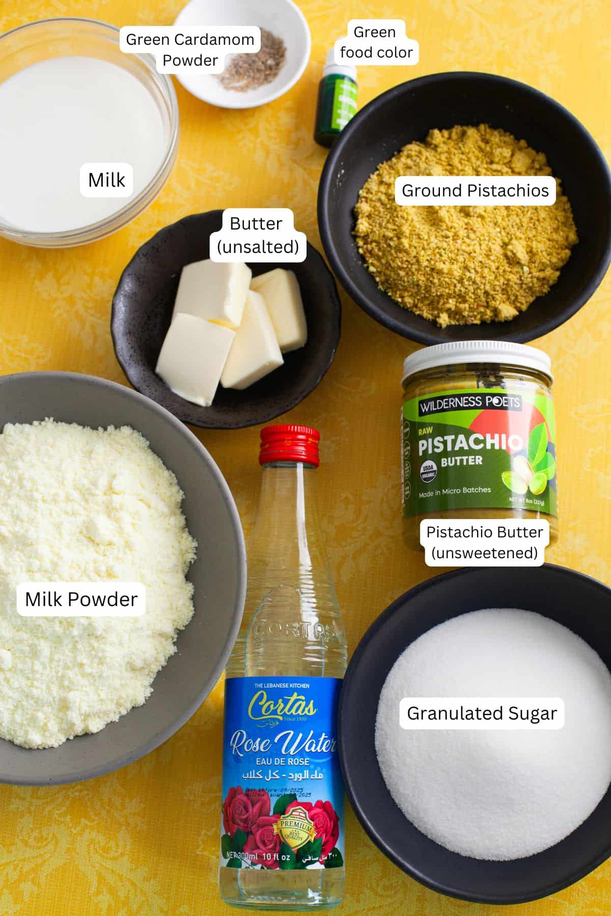 Ingredients needed to make pistachio burfi.