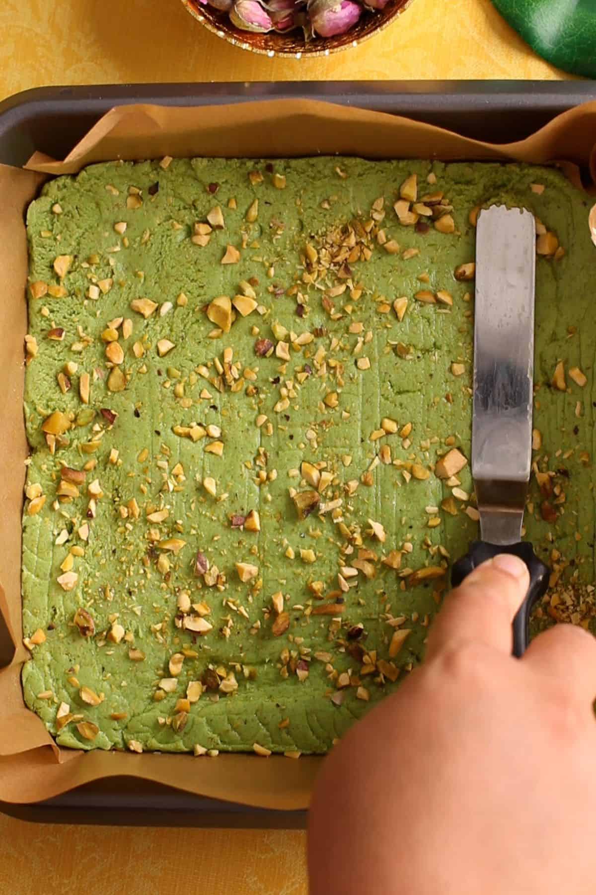 Pistachio burfi mixture is pressed down.