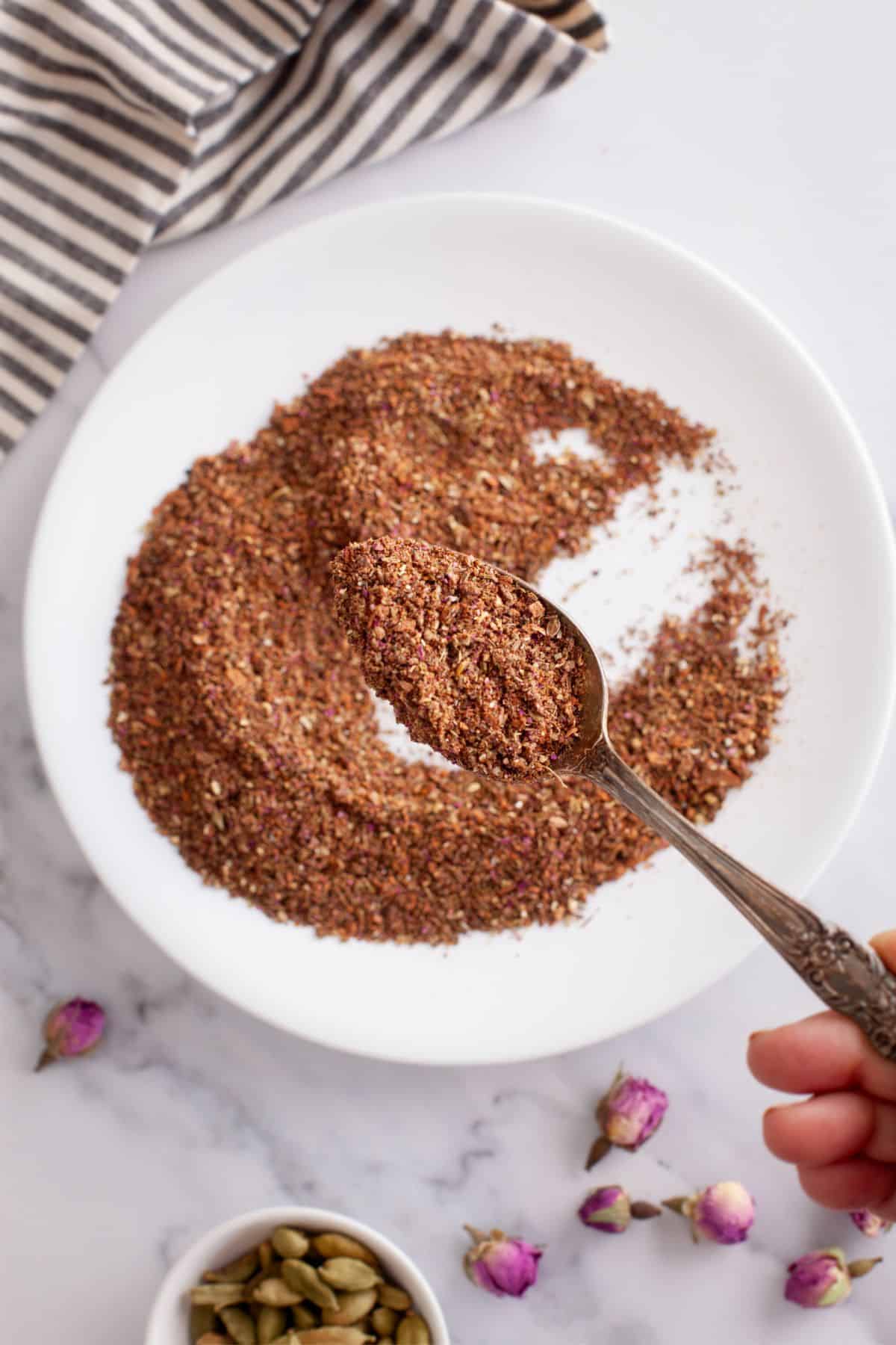 Closeup of biryani masala in a silver spoon.